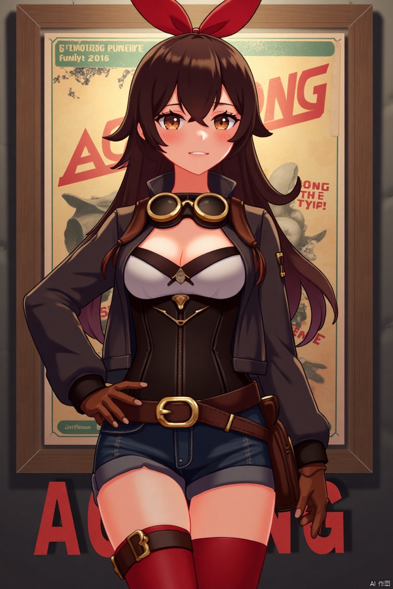 A solo girl with very long brown hair and bangs, wearing a red ribbon and goggles around her neck, stands in a cowboy shot with her hand on her hip, looking at the viewer with a blushing grin. She has medium breasts, brown eyes partially obscured by her hair, and is dressed in a jacket, long sleeves, brown gloves, and short shorts. Her outfit includes a pouch and red thigh-highs. The background is detailed with a poster theme, featuring three-dimensional text AGlong in the middle below. Cinematic lighting creates high contrast and sharp focus, enhancing the dynamic composition and dramatic atmosphere.