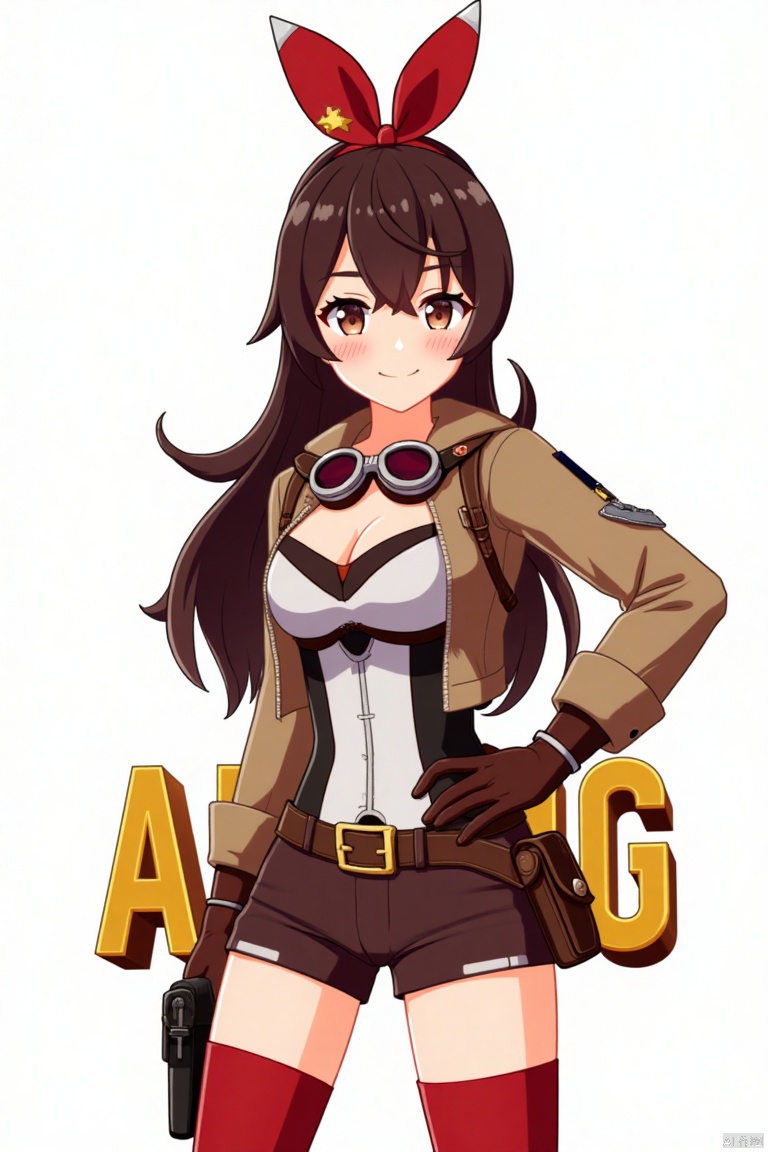 A solo girl with very long brown hair and bangs, wearing a red ribbon and goggles around her neck, stands in a cowboy shot, hand on hip, looking at the viewer with a blushing grin. She has medium breasts, brown eyes partially obscured by her hair, and is dressed in a jacket, long sleeves, brown gloves, and short shorts. Her outfit includes a pouch, red thigh-highs, and brown shorts. The white background is detailed with a poster theme, featuring three-dimensional text AGlong in the middle below. Cinematic lighting creates high contrast and sharp focus, enhancing the dynamic composition and dramatic atmosphere.