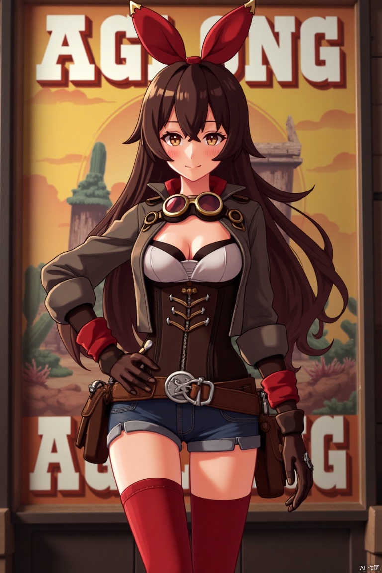 A solo girl with very long brown hair and bangs, wearing a red ribbon and goggles around her neck, stands in a cowboy shot with her hand on her hip, looking at the viewer with a blushing grin. She has medium breasts, brown eyes partially obscured by her hair, and is dressed in a jacket, long sleeves, brown gloves, and short shorts. Her outfit includes a pouch and red thigh-highs. The background is detailed with a poster theme, featuring three-dimensional text AGlong in the middle below. Cinematic lighting creates high contrast and sharp focus, enhancing the dynamic composition and dramatic atmosphere.