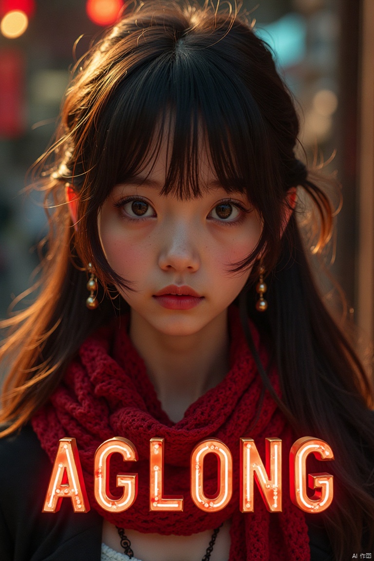 A solo girl with long brown hair, bangs, and hair between her eyes, looking at the viewer with a blush and closed mouth. She wears a red scarf around her neck. Set against a detailed background, framed as a movie poster with three-dimensional text AGlong in the middle below. Cinematic lighting, dynamic composition, high contrast, sharp focus, and a dramatic atmosphere.