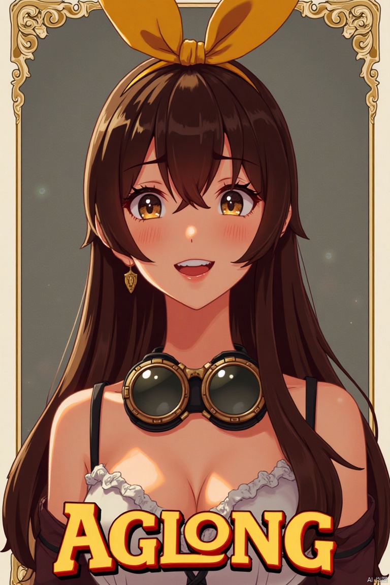 A solo girl with long brown hair, bangs, and sidelocks, wearing a yellow ribbon in her hair. She has cleavage, is looking at the viewer with a smile and open mouth, her hair slightly between her eyes. She wears goggles around her neck. Set against a simple background, framed as a movie poster with three-dimensional text AGlong in the middle below. Cinematic lighting, dynamic composition, detailed background with poster theme, high contrast, sharp focus, and a dramatic atmosphere.