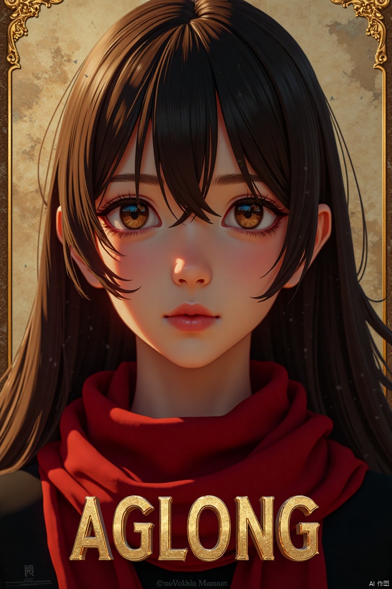 A solo girl with long brown hair, bangs, and hair between her eyes, looking at the viewer with a blush and closed mouth. She wears a red scarf around her neck. Set against a detailed background, framed as a movie poster with three-dimensional text AGlong in the middle below. Cinematic lighting, dynamic composition, high contrast, sharp focus, and a dramatic atmosphere.