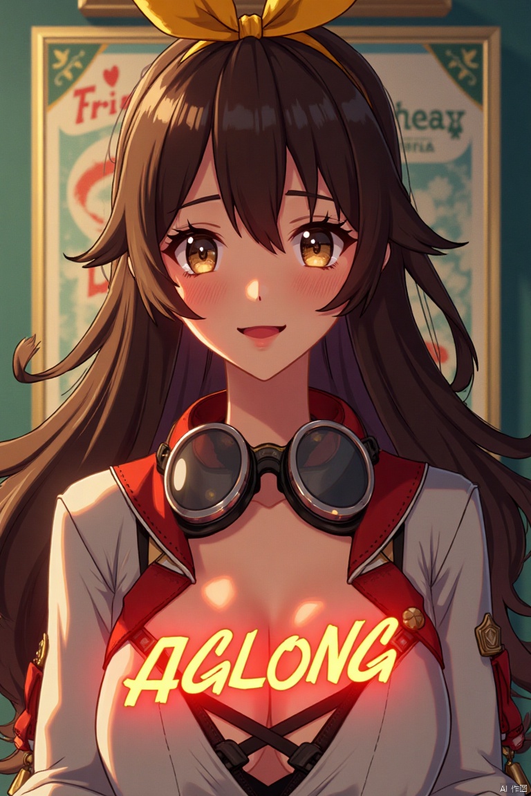 A solo girl with long brown hair, bangs, and sidelocks, wearing a yellow ribbon in her hair. She has cleavage, is looking at the viewer with a smile and open mouth, her hair slightly between her eyes. She wears goggles around her neck. Set against a simple background, framed as a movie poster with three-dimensional text AGlong in the middle below. Cinematic lighting, dynamic composition, detailed background with poster theme, high contrast, sharp focus, and a dramatic atmosphere.