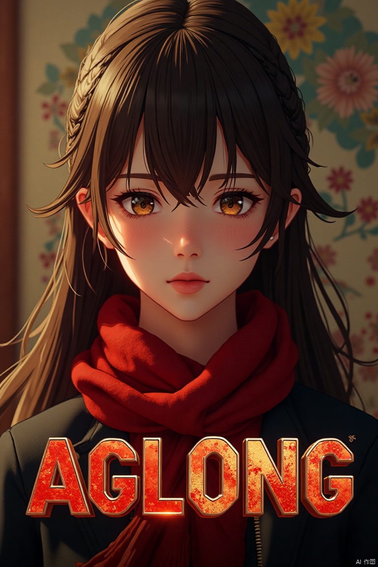 A solo girl with long brown hair, bangs, and hair between her eyes, looking at the viewer with a blush and closed mouth. She wears a red scarf around her neck. Set against a detailed background, framed as a movie poster with three-dimensional text AGlong in the middle below. Cinematic lighting, dynamic composition, high contrast, sharp focus, and a dramatic atmosphere.