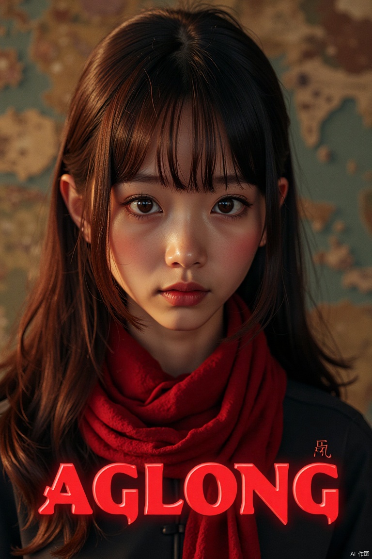 A solo girl with long brown hair, bangs, and hair between her eyes, looking at the viewer with a blush and closed mouth. She wears a red scarf around her neck. Set against a detailed background, framed as a movie poster with three-dimensional text AGlong in the middle below. Cinematic lighting, dynamic composition, high contrast, sharp focus, and a dramatic atmosphere.