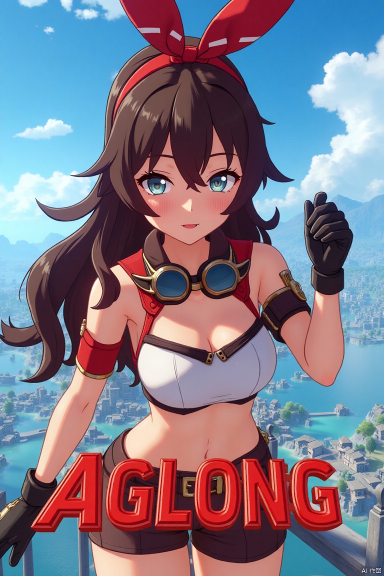 A solo girl with long brown hair and bangs, wearing thigh-highs, gloves, a red ribbon in her hair, and brown shorts. She has cleavage, is looking at the viewer with a smile and open mouth, her hair slightly between her eyes. She wears goggles around her neck. Set outdoors on a clear day with a blue sky and clouds. The scene is framed as a movie poster with three-dimensional text AGlong in the middle below. Cinematic lighting, dynamic composition, detailed background, high contrast, sharp focus, and a dramatic atmosphere.