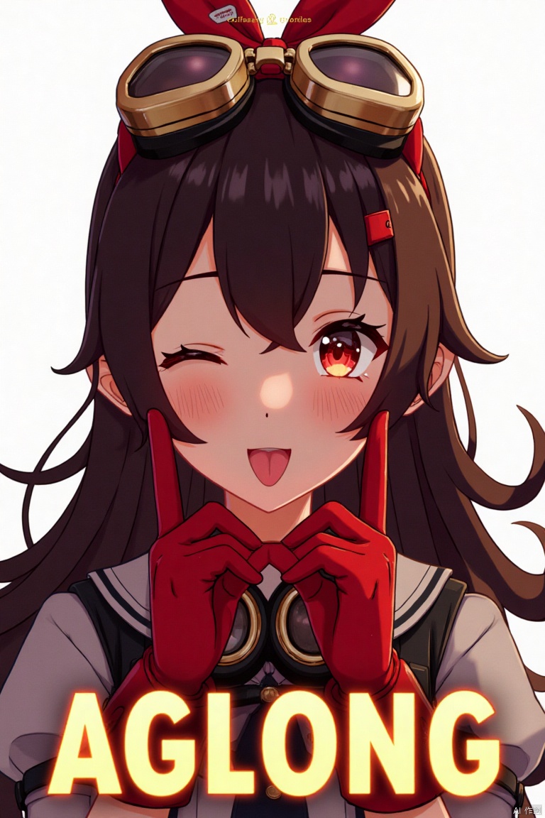 A solo girl with long brown hair, bangs, and a hair ribbon, looking at the viewer with a smile, one eye closed, and her tongue out. She wears red gloves and goggles around her neck. Set against a white background, framed as a close-up movie poster with three-dimensional text AGlong in the middle below. Cinematic lighting, dynamic composition, detailed background with poster theme, high contrast, sharp focus, and a dramatic atmosphere.
