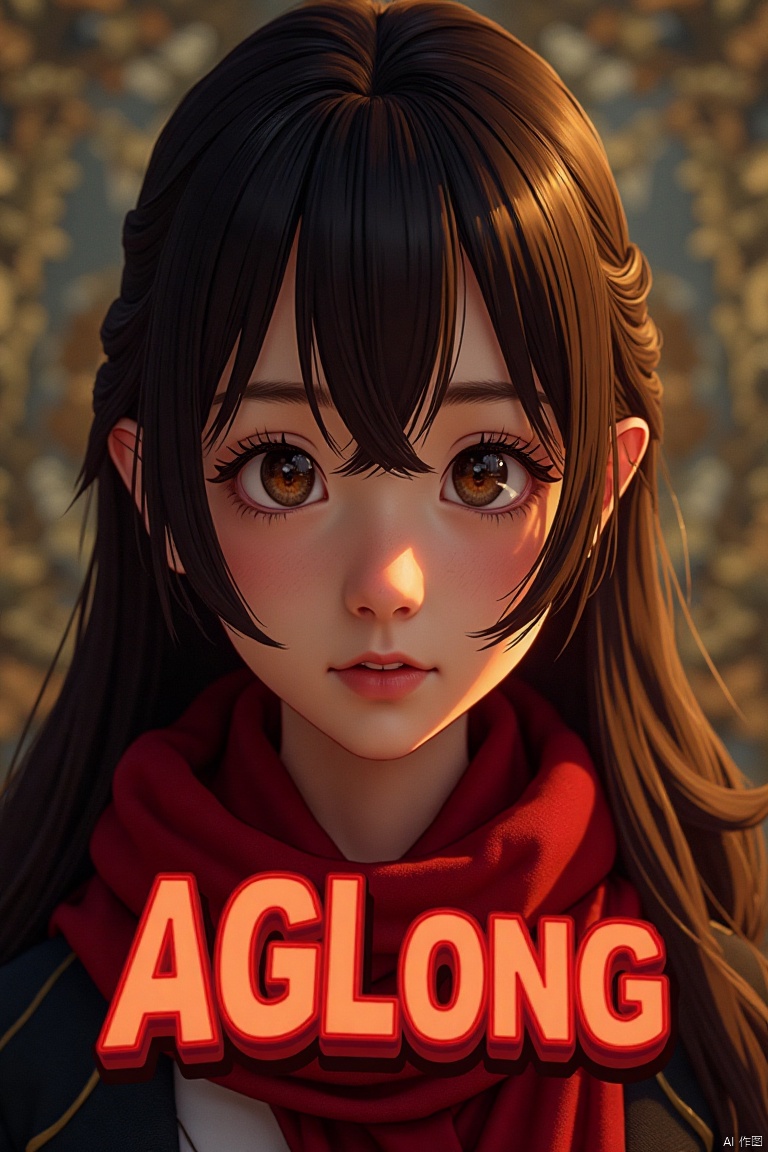 A solo girl with long brown hair, bangs, and hair between her eyes, looking at the viewer with a blush and closed mouth. She wears a red scarf around her neck. Set against a detailed background, framed as a movie poster with three-dimensional text AGlong in the middle below. Cinematic lighting, dynamic composition, high contrast, sharp focus, and a dramatic atmosphere.