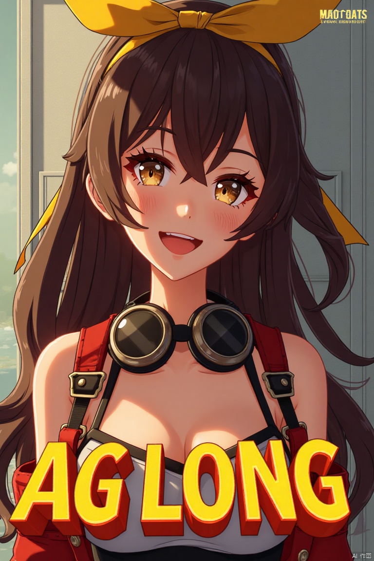 A solo girl with long brown hair, bangs, and sidelocks, wearing a yellow ribbon in her hair. She has cleavage, is looking at the viewer with a smile and open mouth, her hair slightly between her eyes. She wears goggles around her neck. Set against a simple background, framed as a movie poster with three-dimensional text AGlong in the middle below. Cinematic lighting, dynamic composition, detailed background with poster theme, high contrast, sharp focus, and a dramatic atmosphere.