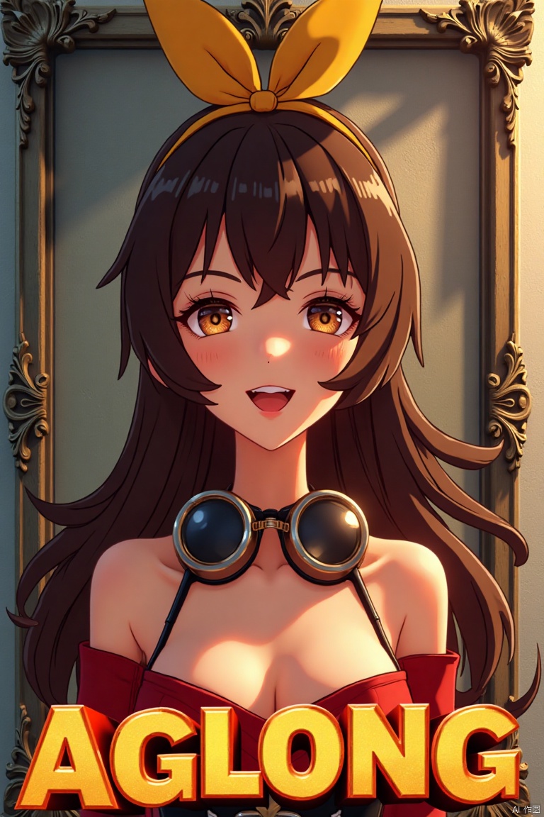 A solo girl with long brown hair, bangs, and sidelocks, wearing a yellow ribbon in her hair. She has cleavage, is looking at the viewer with a smile and open mouth, her hair slightly between her eyes. She wears goggles around her neck. Set against a simple background, framed as a movie poster with three-dimensional text AGlong in the middle below. Cinematic lighting, dynamic composition, detailed background with poster theme, high contrast, sharp focus, and a dramatic atmosphere.