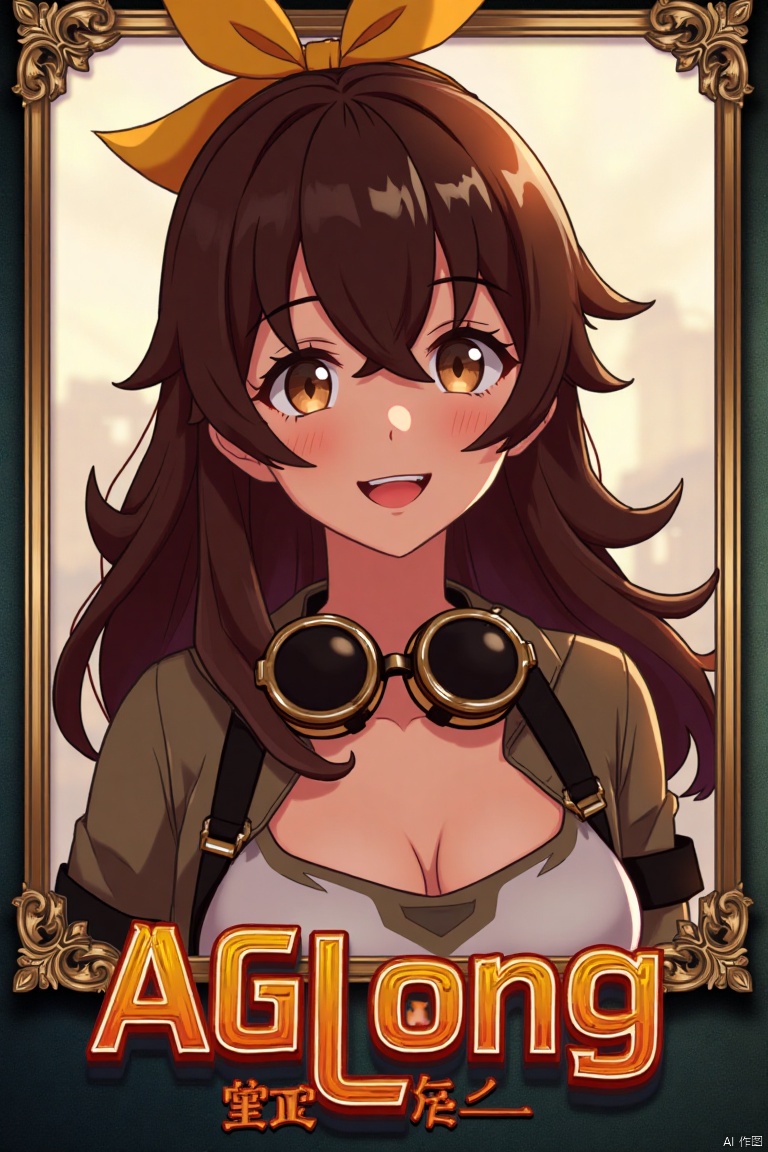 A solo girl with long brown hair, bangs, and sidelocks, wearing a yellow ribbon in her hair. She has cleavage, is looking at the viewer with a smile and open mouth, her hair slightly between her eyes. She wears goggles around her neck. Set against a simple background, framed as a movie poster with three-dimensional text AGlong in the middle below. Cinematic lighting, dynamic composition, detailed background with poster theme, high contrast, sharp focus, and a dramatic atmosphere.