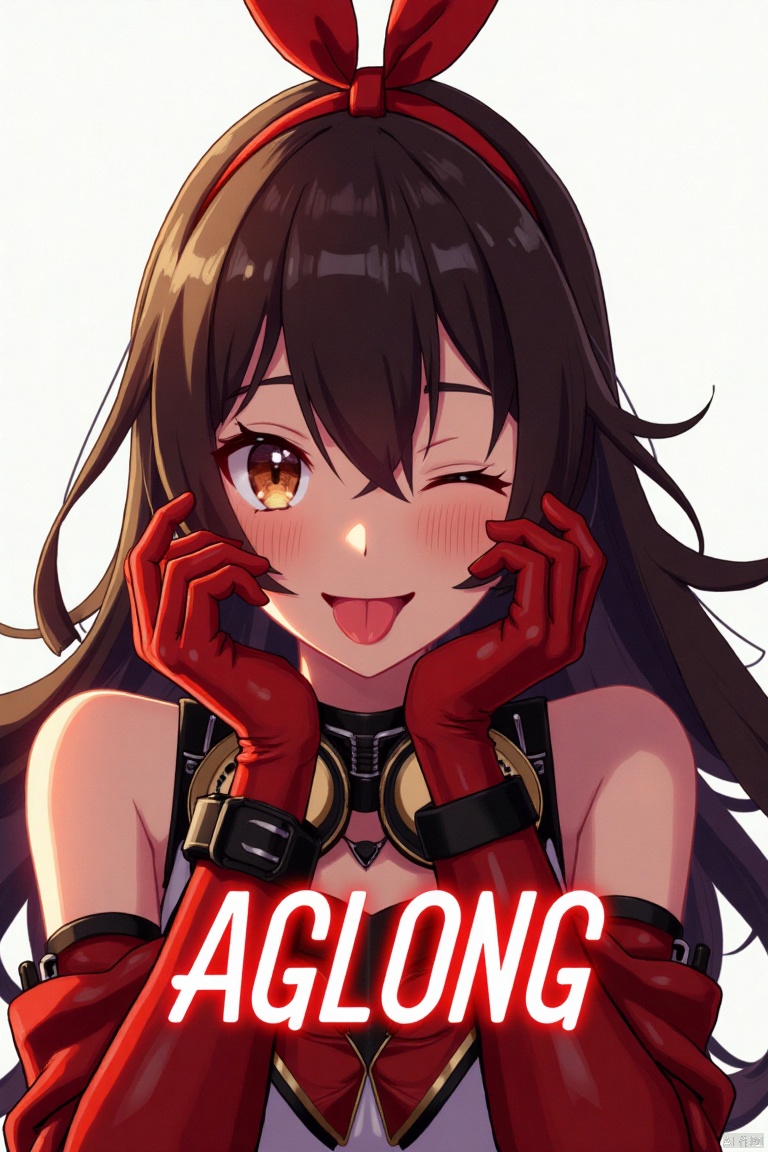 A solo girl with long brown hair, bangs, and a hair ribbon, looking at the viewer with a smile, one eye closed, and her tongue out. She wears red gloves and goggles around her neck. Set against a white background, framed as a close-up movie poster with three-dimensional text AGlong in the middle below. Cinematic lighting, dynamic composition, detailed background with poster theme, high contrast, sharp focus, and a dramatic atmosphere.