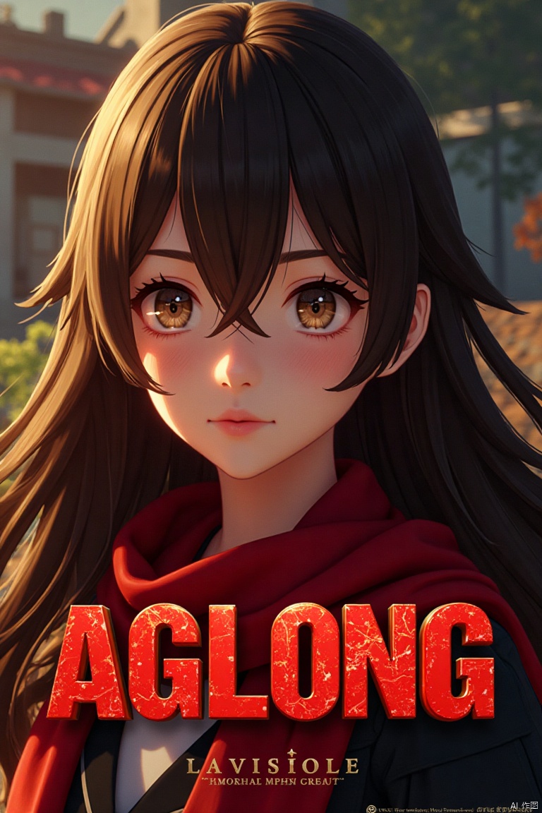 A solo girl with long brown hair, bangs, and hair between her eyes, looking at the viewer with a blush and closed mouth. She wears a red scarf around her neck. Set against a detailed background, framed as a movie poster with three-dimensional text AGlong in the middle below. Cinematic lighting, dynamic composition, high contrast, sharp focus, and a dramatic atmosphere.