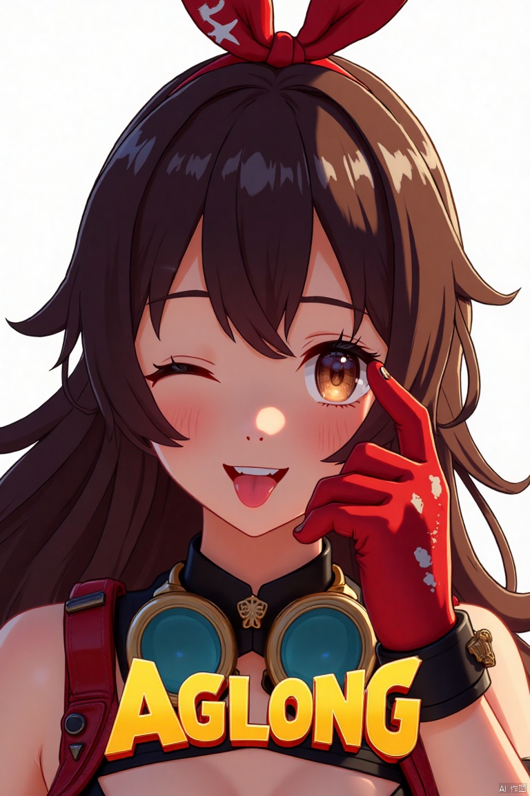 A solo girl with long brown hair, bangs, and a hair ribbon, looking at the viewer with a smile, one eye closed, and her tongue out. She wears red gloves and goggles around her neck. Set against a white background, framed as a close-up movie poster with three-dimensional text AGlong in the middle below. Cinematic lighting, dynamic composition, detailed background with poster theme, high contrast, sharp focus, and a dramatic atmosphere.