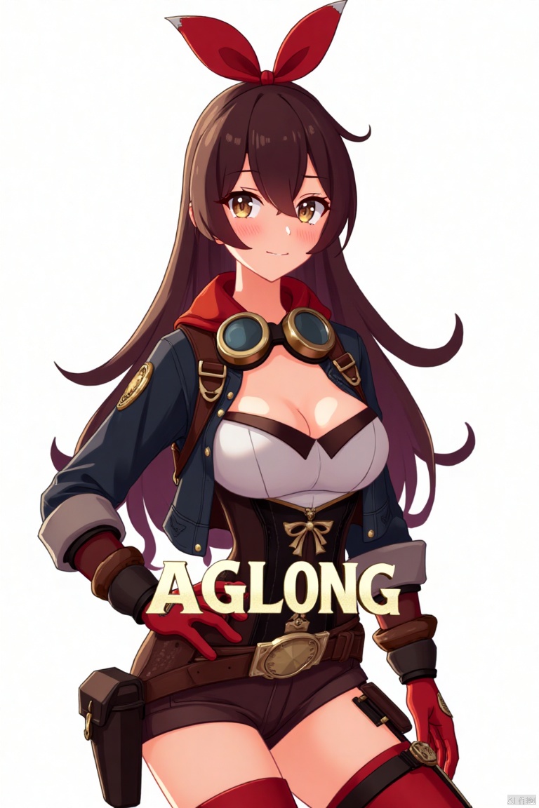 A solo girl with very long brown hair, bangs, and a red ribbon in her hair, standing in a cowboy shot. She has medium breasts, is looking at the viewer with a blush and grin, her hair slightly between her eyes. She wears a jacket, long sleeves, brown gloves, red thigh-highs, and brown shorts. She has goggles around her neck, a pouch, and one hand on her hip. Set against a white background, framed as a movie poster with three-dimensional text AGlong in the middle below. Cinematic lighting, dynamic composition, detailed background with poster theme, high contrast, sharp focus, and a dramatic atmosphere.