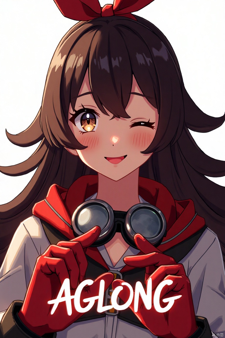 A solo girl with long brown hair, bangs, and a hair ribbon, looking at the viewer with a smile, one eye closed, and her tongue out. She wears red gloves and goggles around her neck. Set against a white background, framed as a close-up movie poster with three-dimensional text AGlong in the middle below. Cinematic lighting, dynamic composition, detailed background with poster theme, high contrast, sharp focus, and a dramatic atmosphere.
