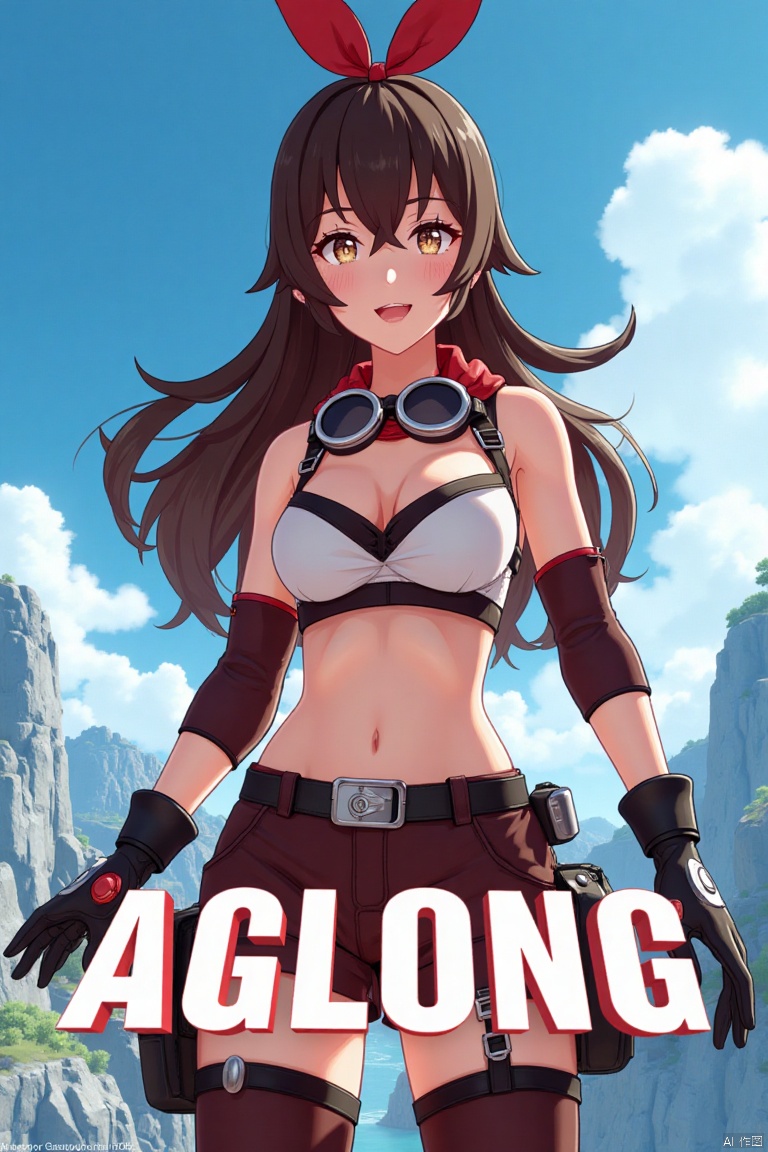 A solo girl with long brown hair and bangs, wearing thigh-highs, gloves, a red ribbon in her hair, and brown shorts. She has cleavage, is looking at the viewer with a smile and open mouth, her hair slightly between her eyes. She wears goggles around her neck. Set outdoors on a clear day with a blue sky and clouds. The scene is framed as a movie poster with three-dimensional text AGlong in the middle below. Cinematic lighting, dynamic composition, detailed background, high contrast, sharp focus, and a dramatic atmosphere.