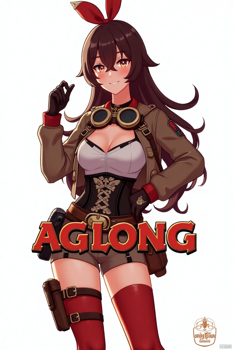 A solo girl with very long brown hair, bangs, and a red ribbon in her hair, standing in a cowboy shot. She has medium breasts, is looking at the viewer with a blush and grin, her hair slightly between her eyes. She wears a jacket, long sleeves, brown gloves, red thigh-highs, and brown shorts. She has goggles around her neck, a pouch, and one hand on her hip. Set against a white background, framed as a movie poster with three-dimensional text AGlong in the middle below. Cinematic lighting, dynamic composition, detailed background with poster theme, high contrast, sharp focus, and a dramatic atmosphere.