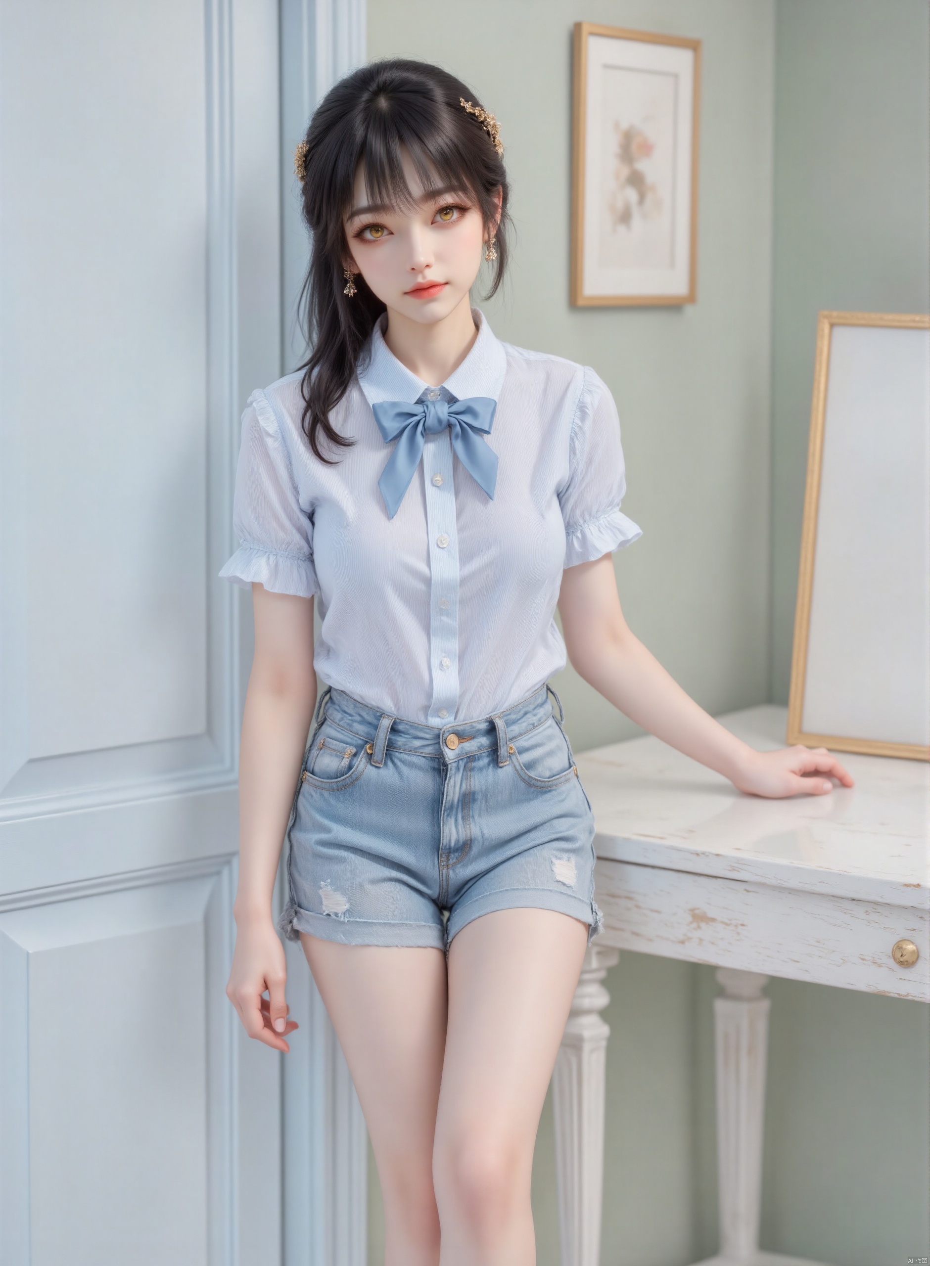 a woman stands in front of a light blue door with a gold frame on the wall. She is wearing a short-sleeved blue button-down shirt, a blue bow tie, and a pair of blue denim shorts. Her hair is styled in a braided ponytail, and she has a tiara on her head. Her eyes are a piercing blue, and her hair is a dark brown. Her left hand is resting on a wooden table, and the right hand is on the table. The backdrop is a light green wall, and there is a mirror on the right side of the frame.,zichu