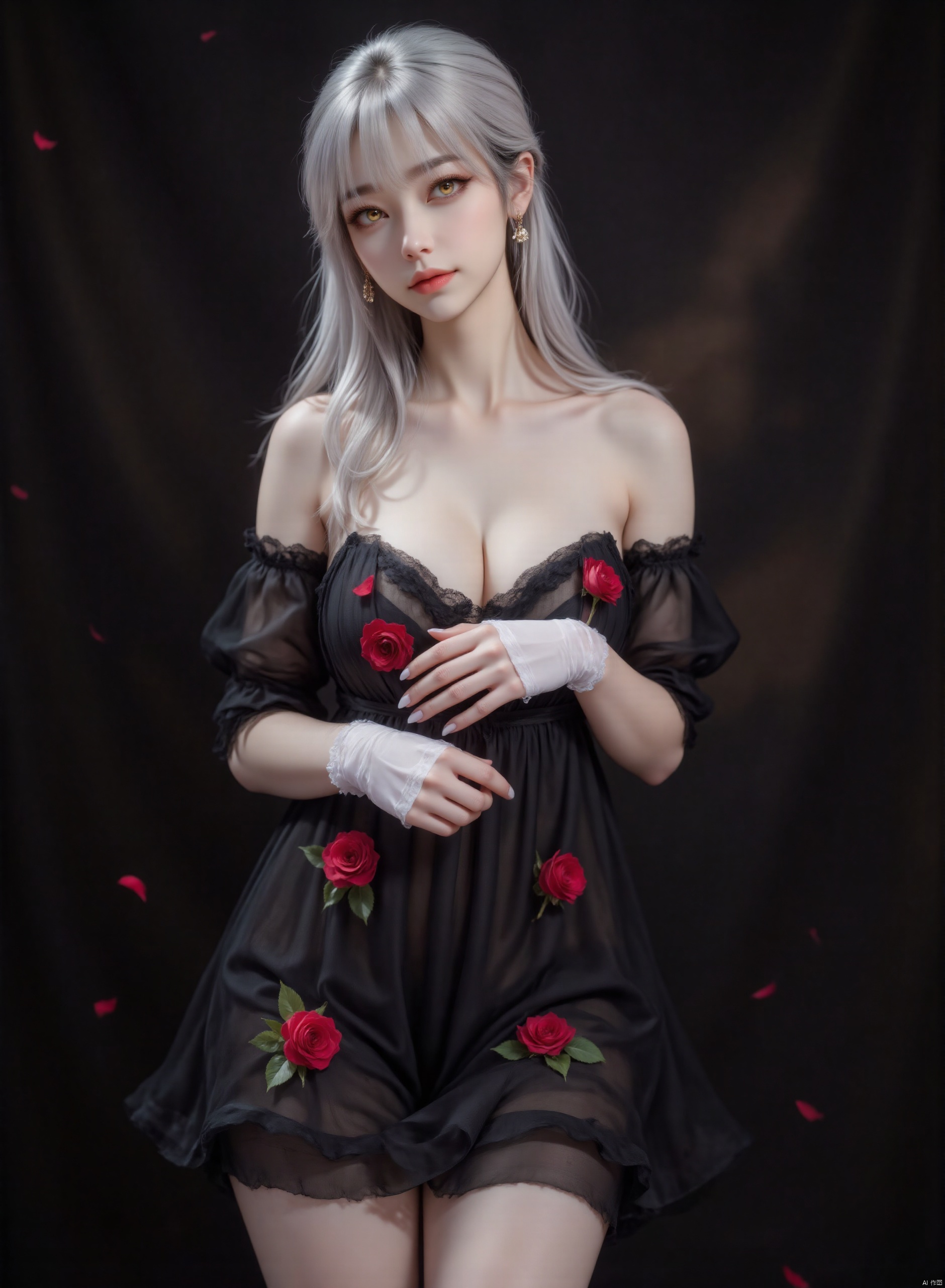 a medium-sized Asian woman with long, wavy silver hair and blue eyes stands in front of a dark backdrop. She is dressed in a black strapless dress adorned with white gloves and red roses. Her hands are draped across her body, adding a touch of contrast to her outfit. The backdrop is blurred, creating a soft focus to the scene.,zichu