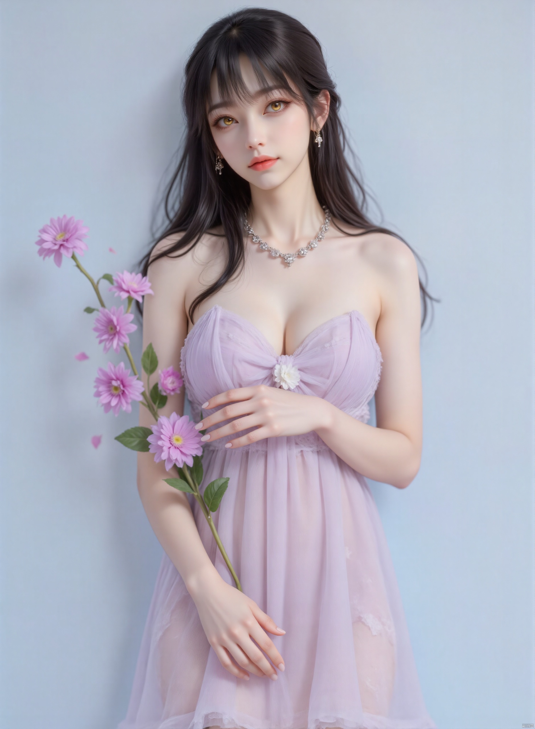 a medium-sized female doll with long, wavy brown hair and blue eyes is adorned with a silver necklace and earrings. She is wearing a light purple strapless dress adorned with white flowers. Her hands are draped in a vase of purple flowers, adding a touch of color to the scene. The backdrop is a light blue, creating a stark contrast to the doll's outfit.,zichu