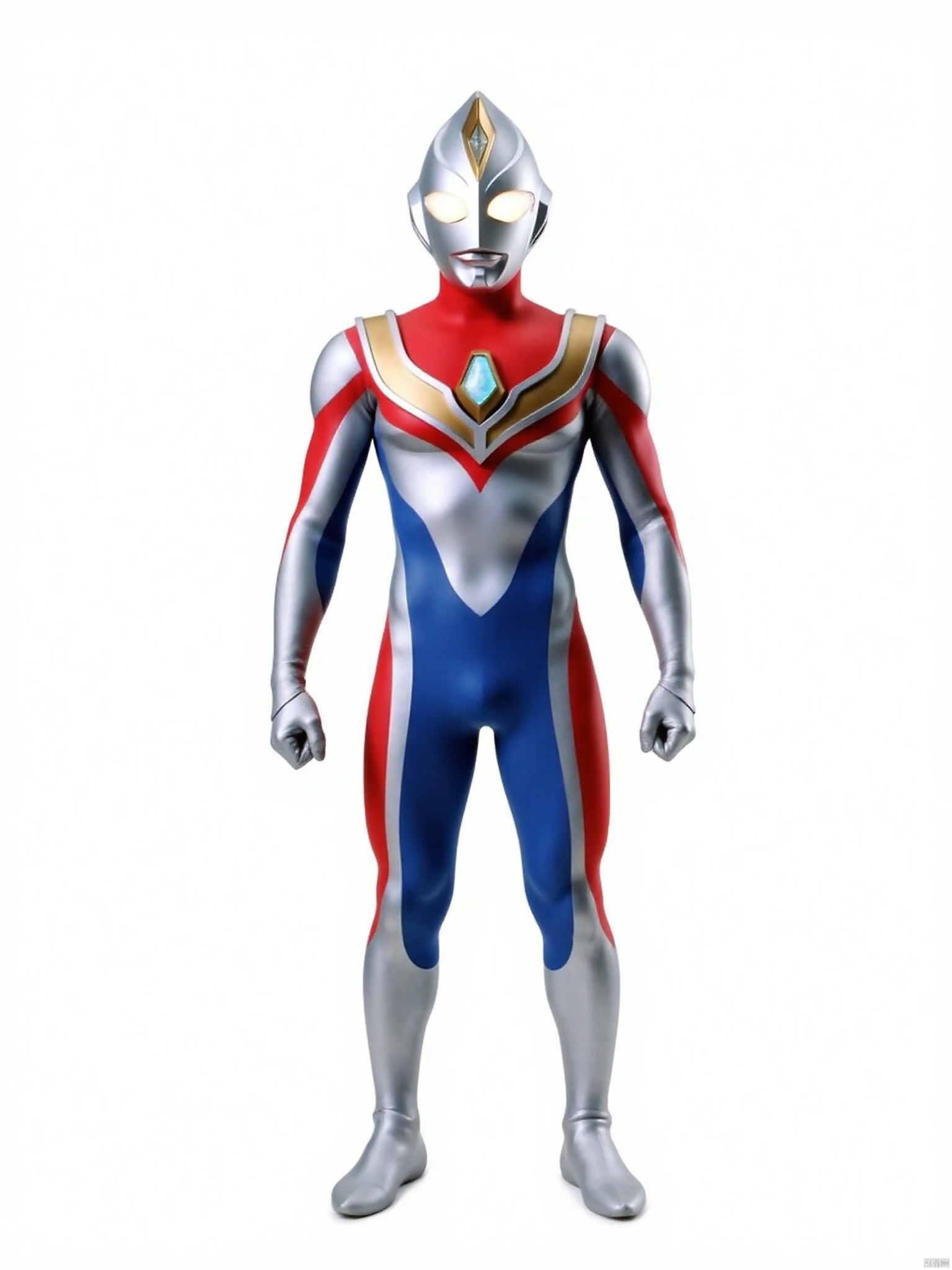 ultraman,silver bodysuit,silver gloves,legwear,gloves,boots,cover,mask,plugsuit,armor,bodysuit,red pattern on body,blue pattern on body,silver tight-fitting,silver footwear,helmet,leather suit,latex,tokusatsu,no humans,science fiction,silver head,hard mask,no smile,no eyes,no nose,solo,silver rubber bodysuit with blue and red line
