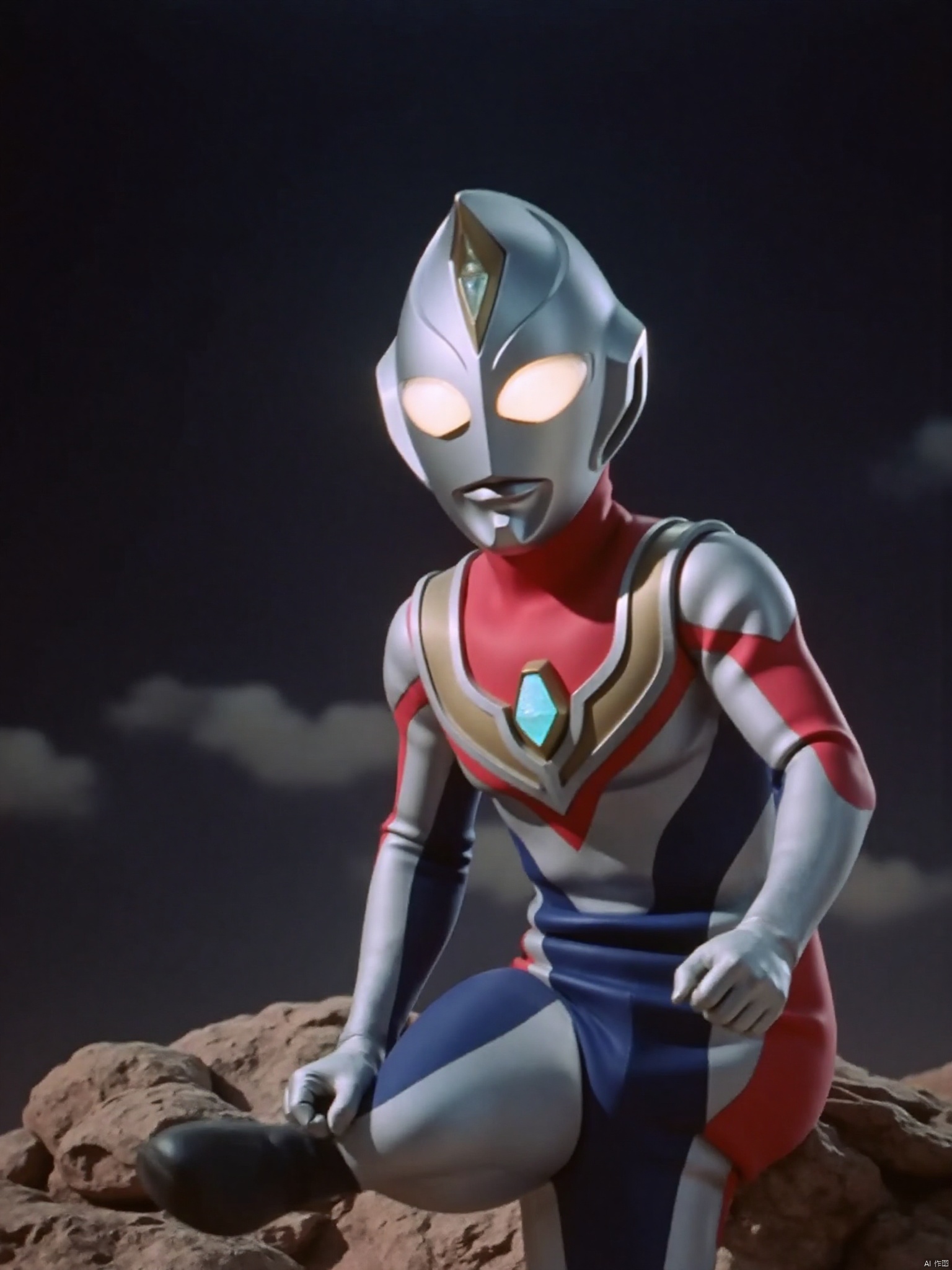 ultraman,silver bodysuit,silver gloves,legwear,gloves,boots,cover,mask,plugsuit,armor,bodysuit,red pattern on body,blue pattern on body,silver tight-fitting,silver footwear,helmet,leather suit,latex,tokusatsu,no humans,science fiction,silver head,hard mask,no smile,no eyes,no nose,solo,silver rubber bodysuit with blue and red line