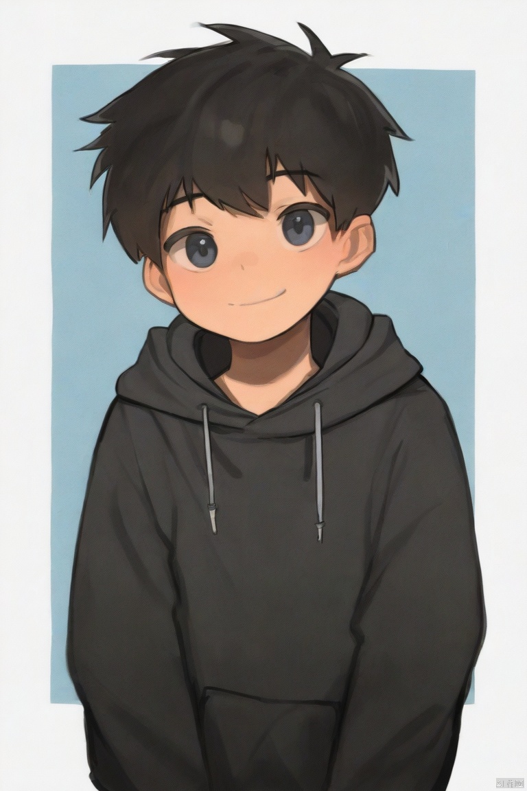sfisdis-style,1boy,black hair,black jacket,border,child,drawstring,hood,hood down,hooded jacket,jacket,male focus,outside border,short hair,smile,solo,upper body,white border (masterpiece,best quality),