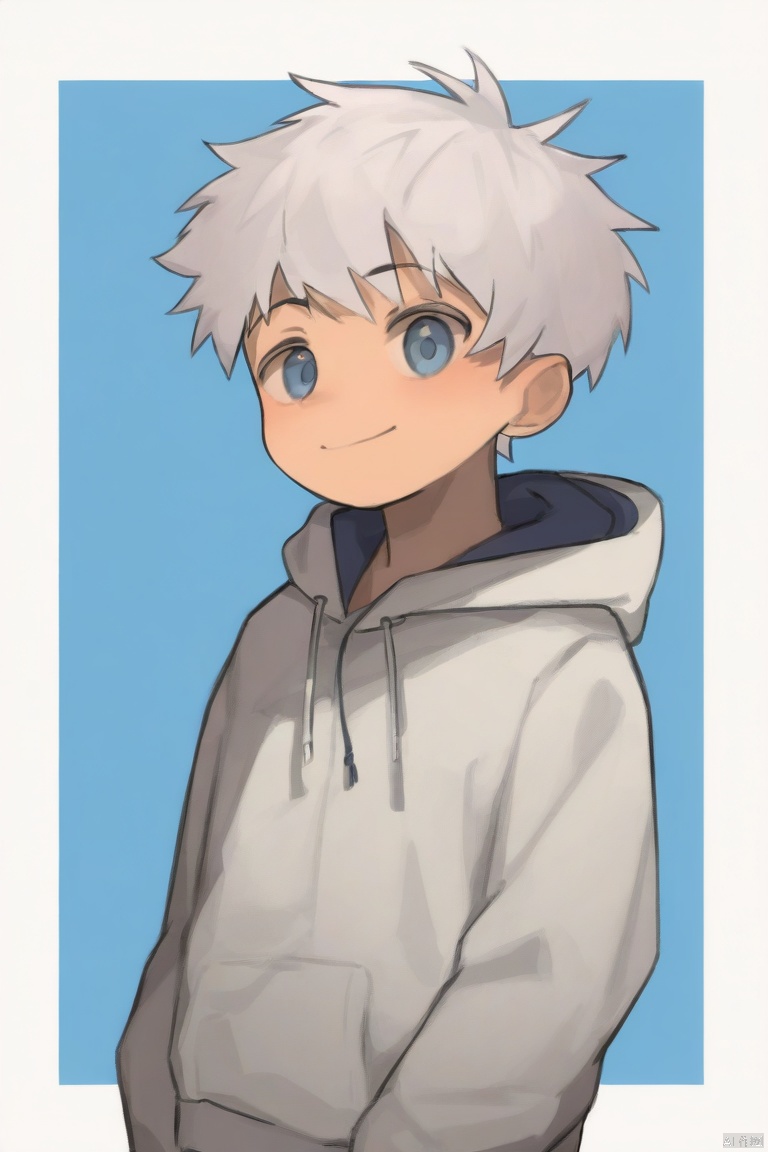 sfisdis-style,1boy,white hair,white jacket,border,child,drawstring,hood,hood down,hooded jacket,jacket,male focus,outside border,short hair,smile,solo,upper body,white border (masterpiece,best quality),