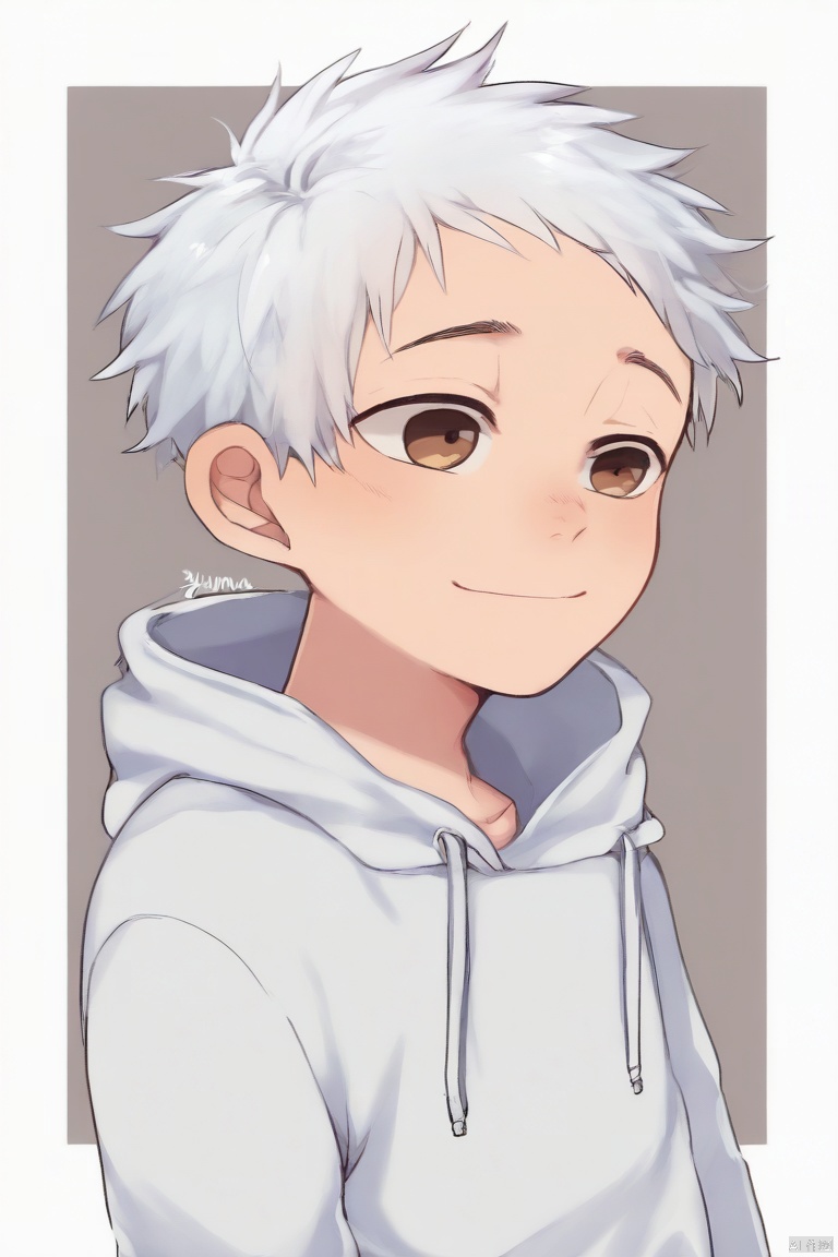 adltmn-yuma-style,1boy,white hair,white jacket,border,child,drawstring,hood,hood down,hooded jacket,jacket,male focus,outside border,short hair,smile,solo,upper body,white border (masterpiece,best quality),