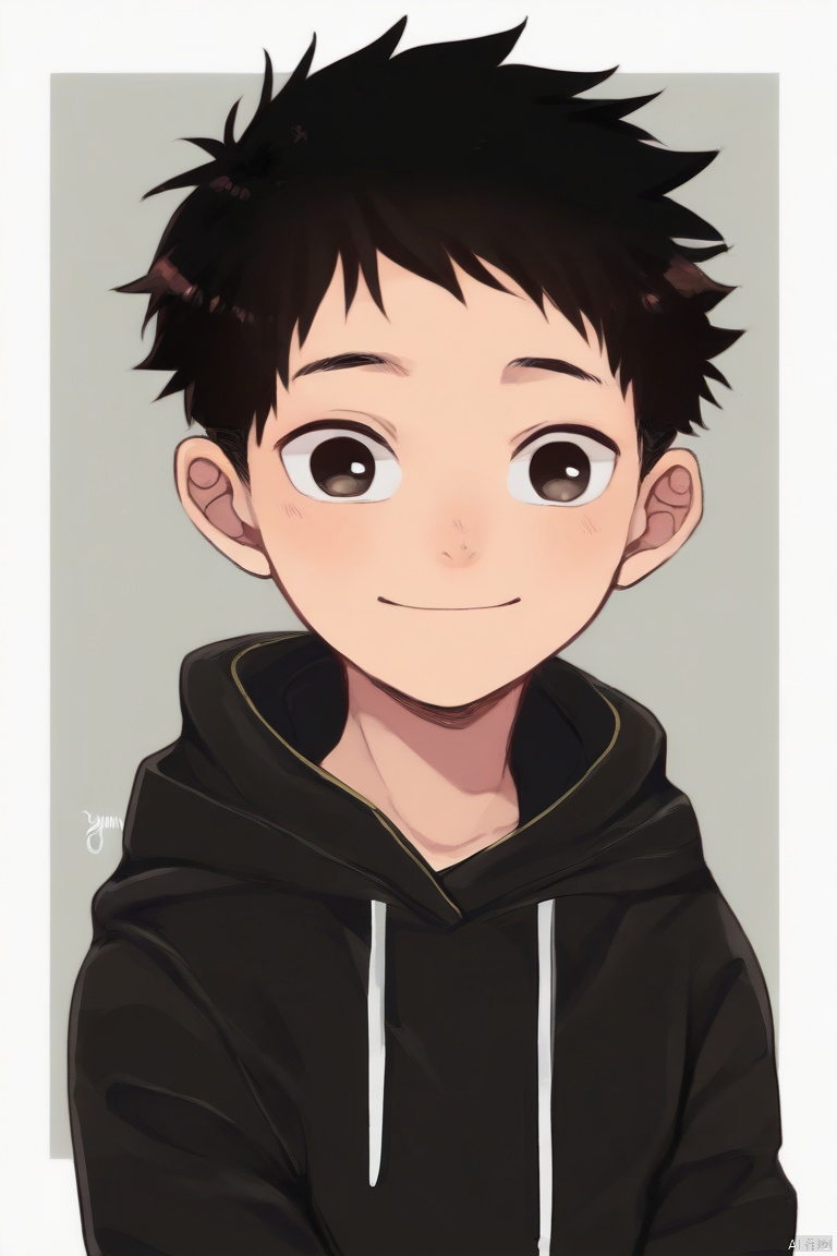 adltmn-yuma-style,1boy,black hair,black jacket,border,child,drawstring,hood,hood down,hooded jacket,jacket,male focus,outside border,short hair,smile,solo,upper body,white border (masterpiece,best quality),