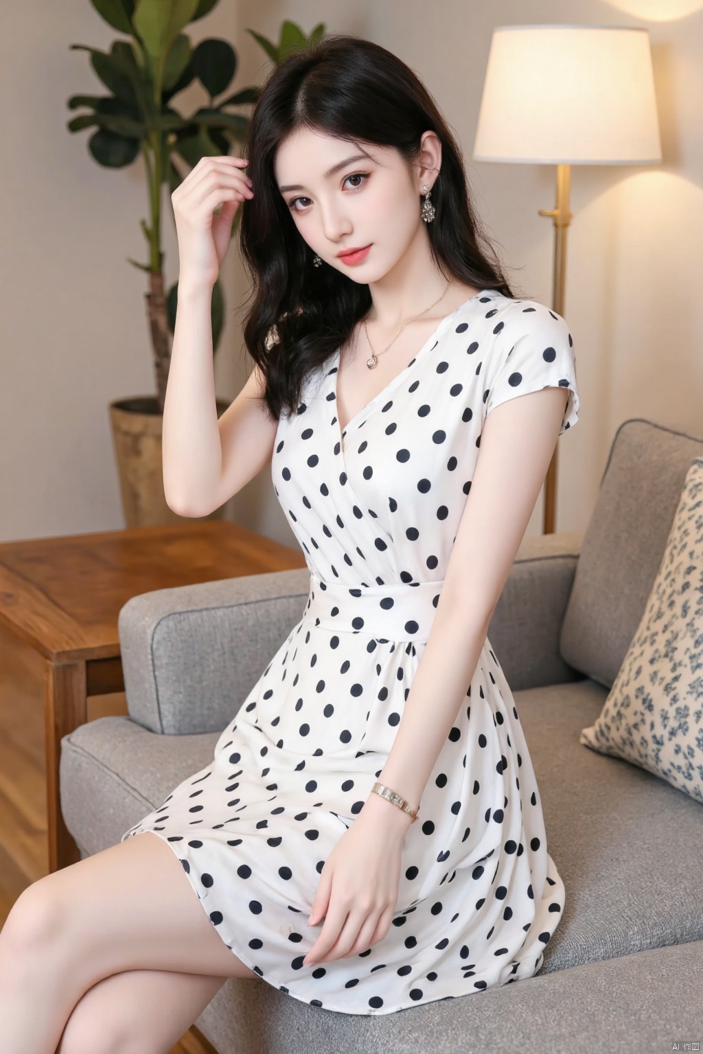 (masterpiece, best quality:1.4),finely detailed,1girl, solo, black hair, jewelry, earrings, necklace, white dress, bracelet, polka dot, polka dot dress,living room,coffee table,plant,sitting on the couch,,YQX