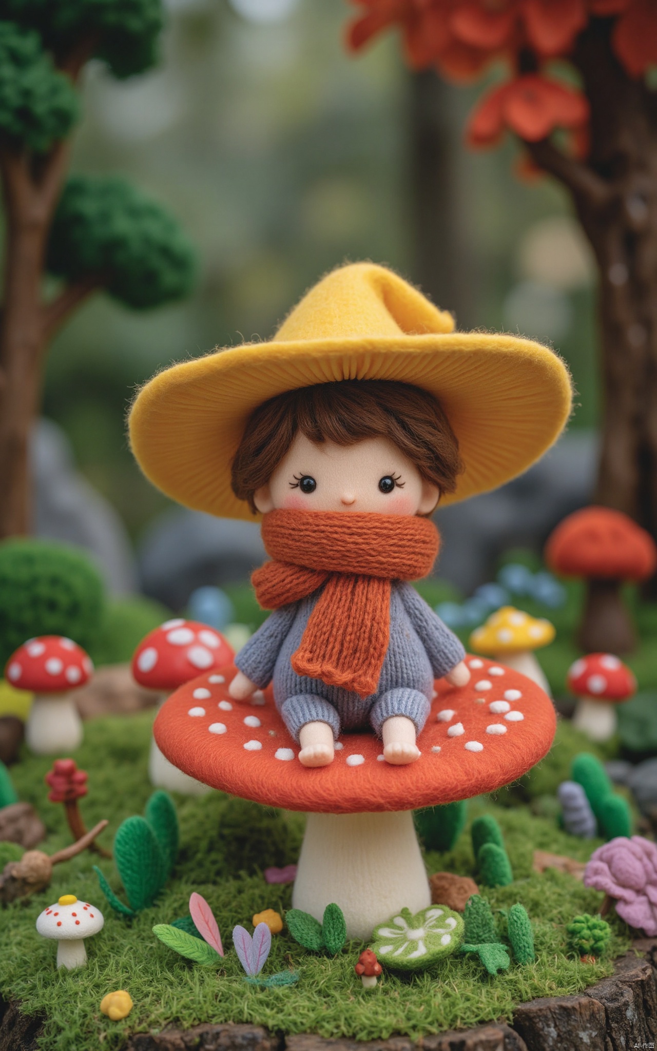 A cute Felt\(hubgstyle)\ child sitting on a mushroom, surrounded by a magical forest, vibrant colors, handcrafted textures, whimsical style,