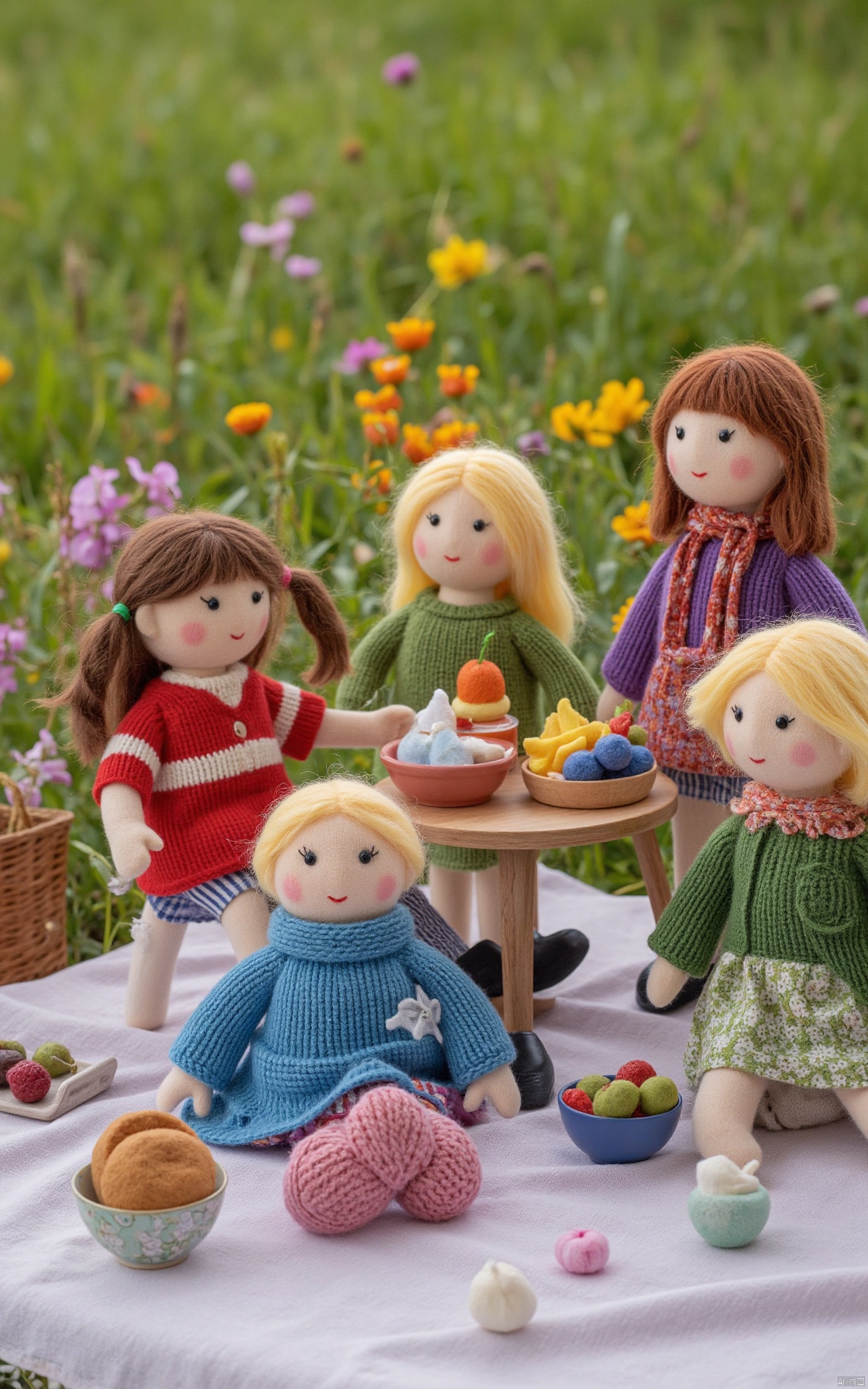 A group of Felt\(hubgstyle)\ children enjoying a picnic, wearing colorful woolen outfits, with handcrafted food items, cozy and cheerful vibes,