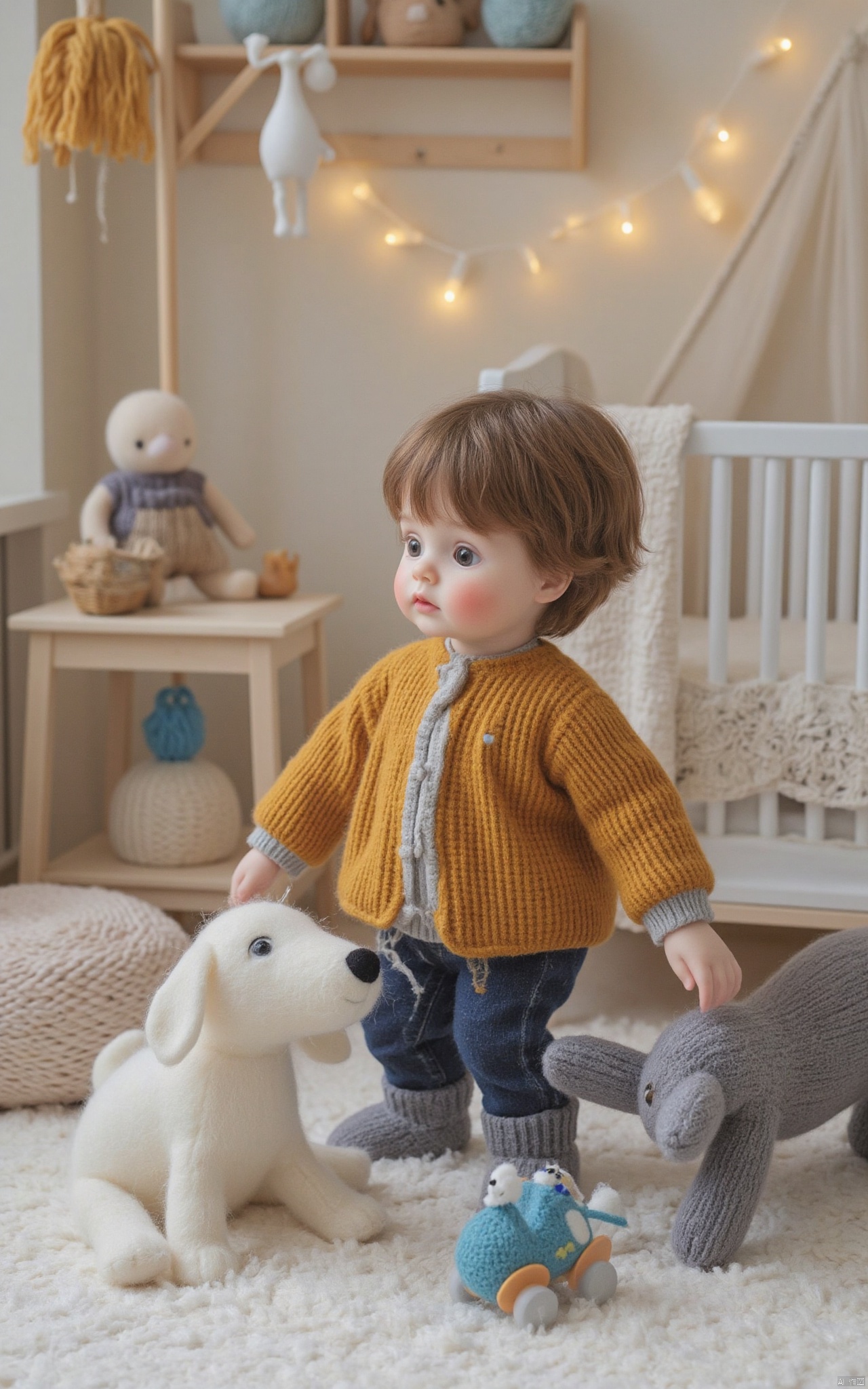 A Felt\(hubgstyle)\ toddler with rosy cheeks learning to walk, surrounded by a handmade nursery with woolen toys, soft lighting, and cozy vibes,