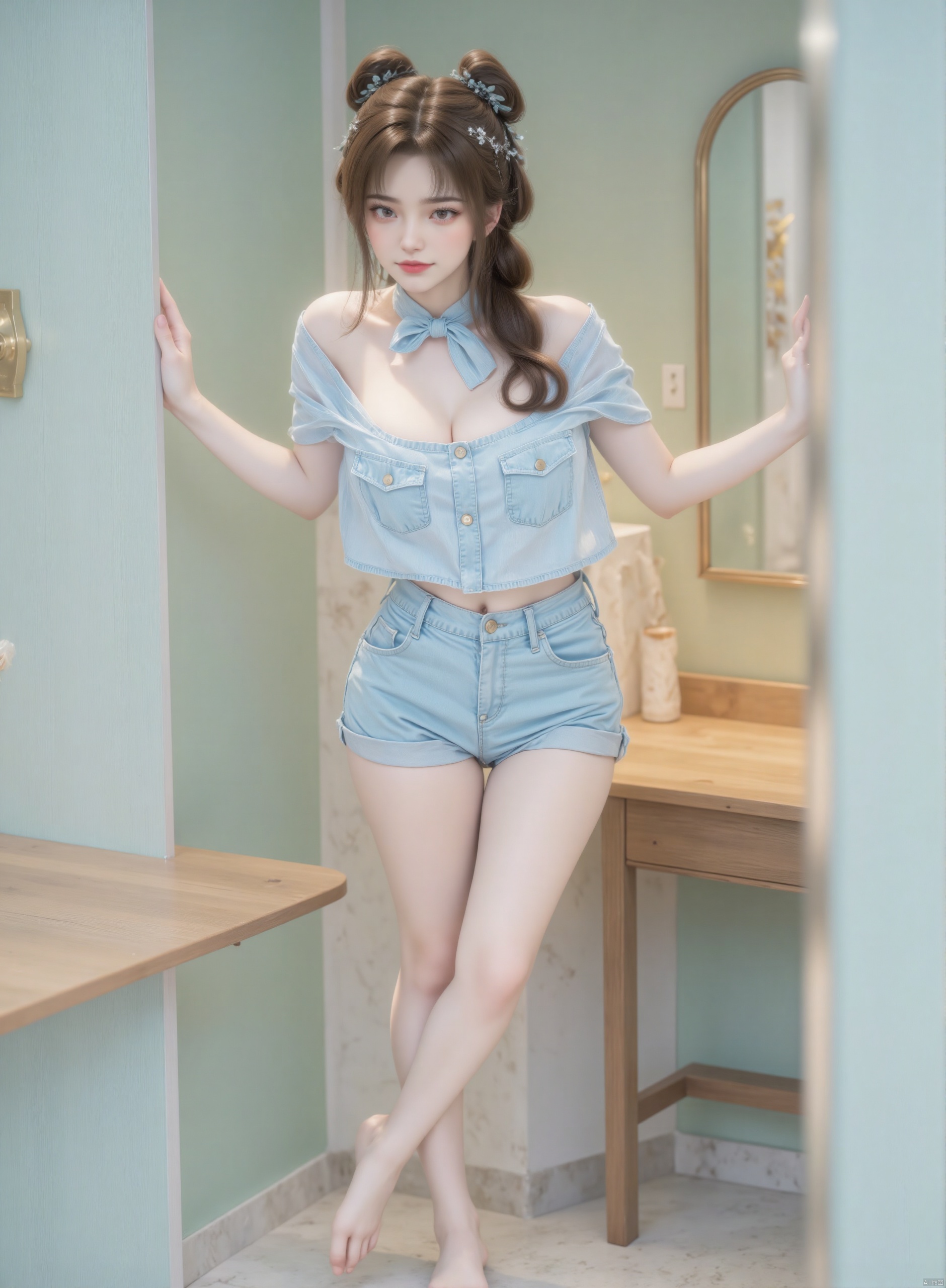 a woman stands in front of a light blue door with a gold frame on the wall. She is wearing a short-sleeved blue button-down shirt, a blue bow tie, and a pair of blue denim shorts. Her hair is styled in a braided ponytail, and she has a tiara on her head. Her eyes are a piercing blue, and her hair is a dark brown. Her left hand is resting on a wooden table, and the right hand is on the table. The backdrop is a light green wall, and there is a mirror on the right side of the frame.,zichu