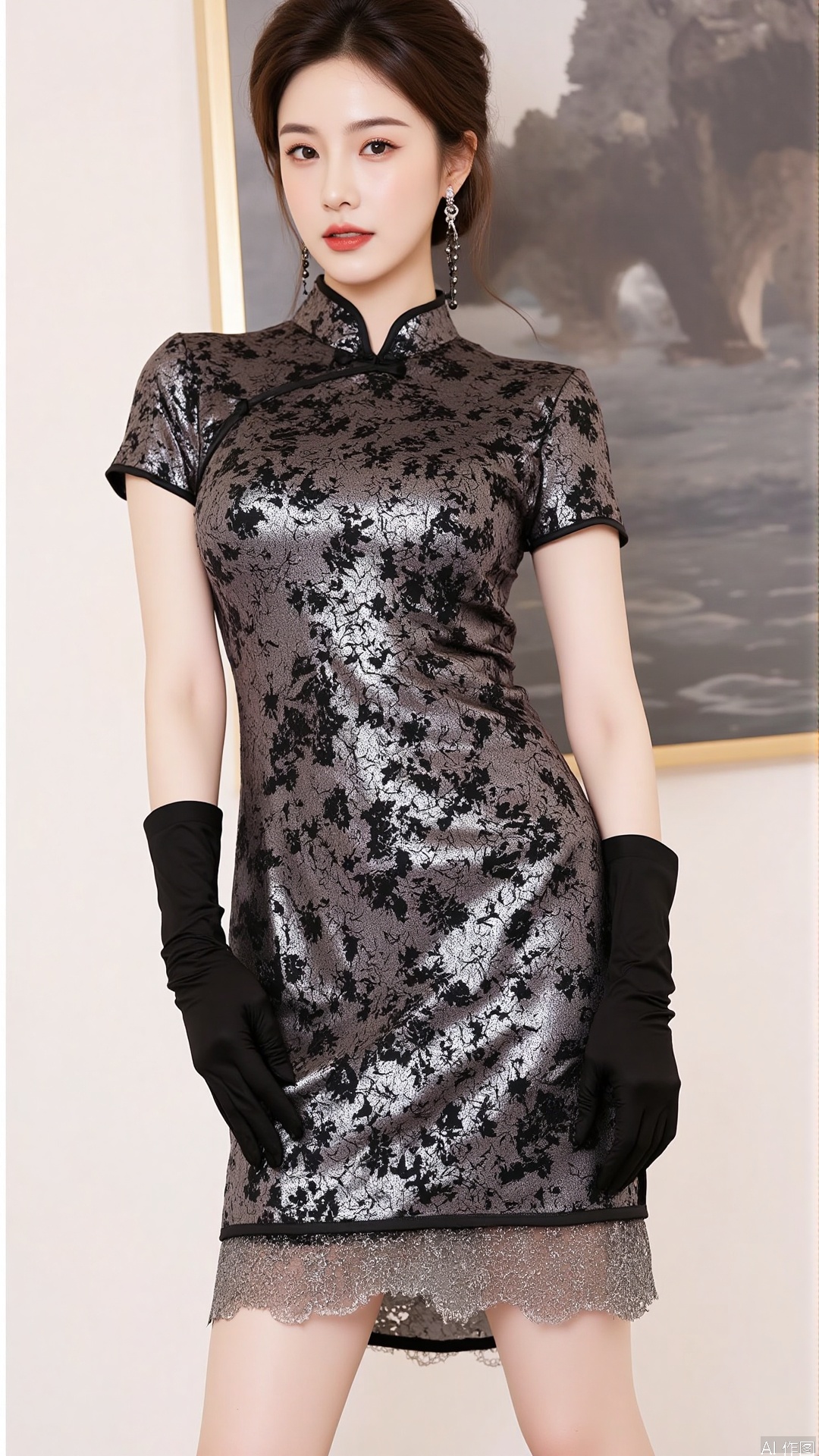 The image shows a young woman posing in a traditional Chinese dress. The dress is made of a shiny, metallic fabric with a black and white floral pattern. It has a high neckline and short sleeves, and the skirt is slightly flared at the bottom. The woman is wearing black gloves and has her hair styled in loose waves. She is standing in front of a white wall with a large abstract painting hanging on it. The overall mood of the image is elegant and sophisticated.
