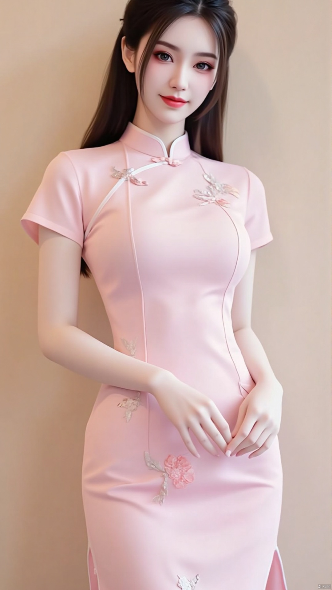 The image shows a young woman posing in a pink Chinese dress. The dress is short-sleeved and has a floral print on it. She...