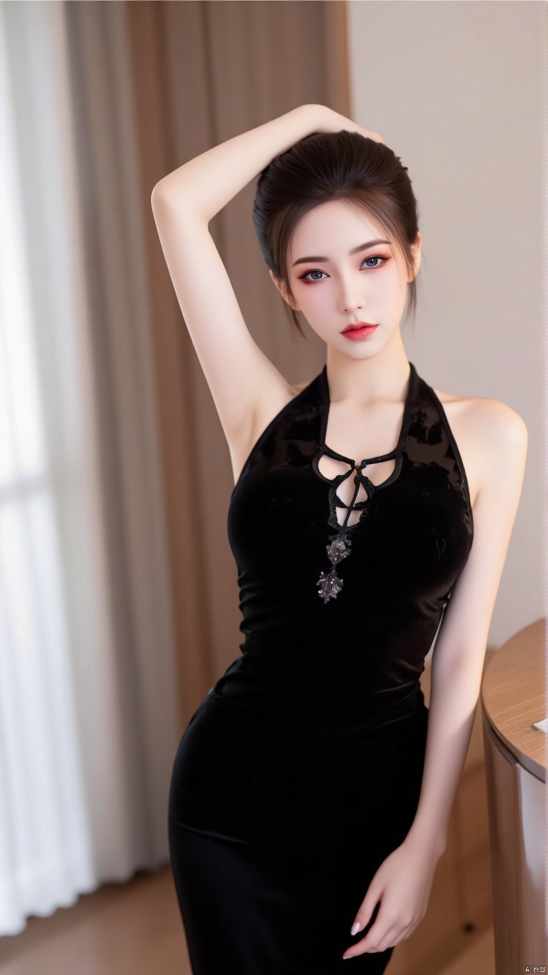 The image shows a young woman standing in a room with a large window in the background. She is wearing a black sleeveless...