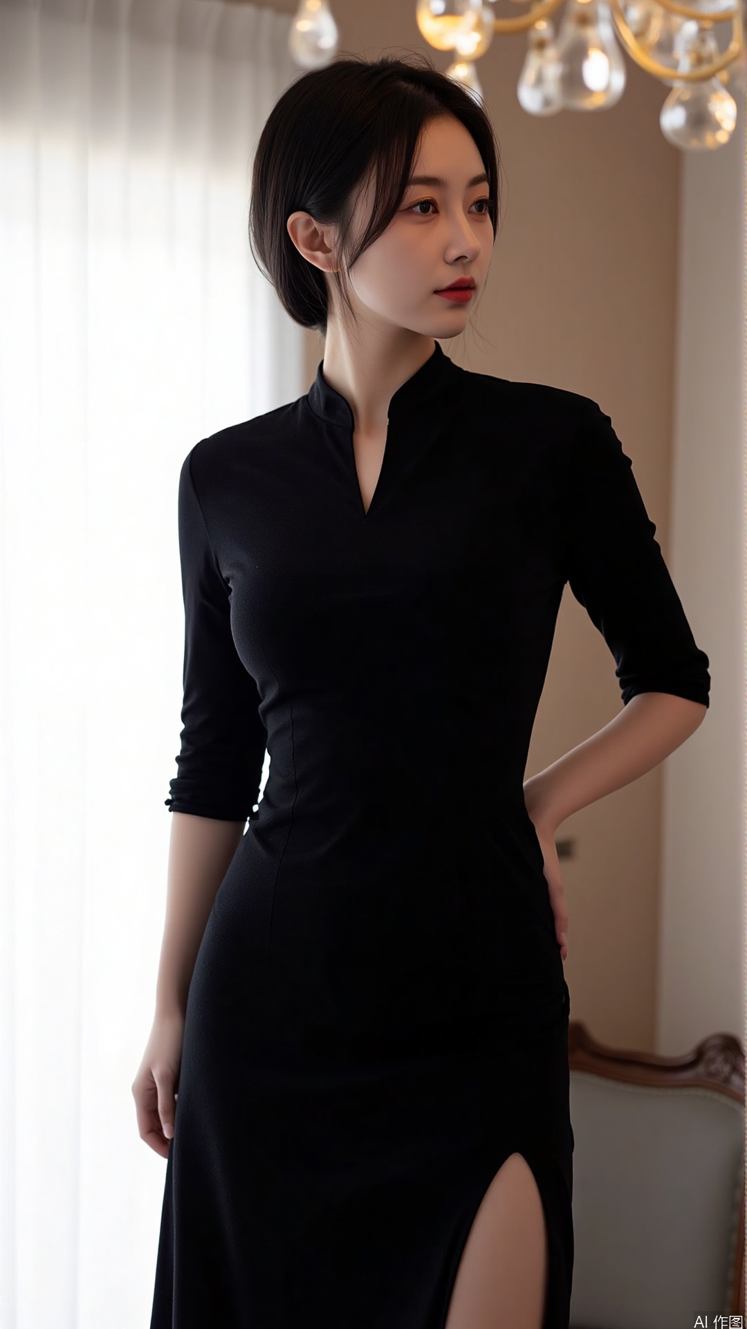 The image is a portrait of a young woman standing in front of a window with sheer curtains. She is wearing a black dress with a high neckline and long sleeves. The dress is draped over her body, covering her lower body. The woman has shoulder-length dark hair styled in a sleek bob and is looking off to the side with a serious expression on her face. The background is blurred, but it appears to be a room with a chandelier hanging from the ceiling. The overall mood of the image is elegant and sophisticated.
