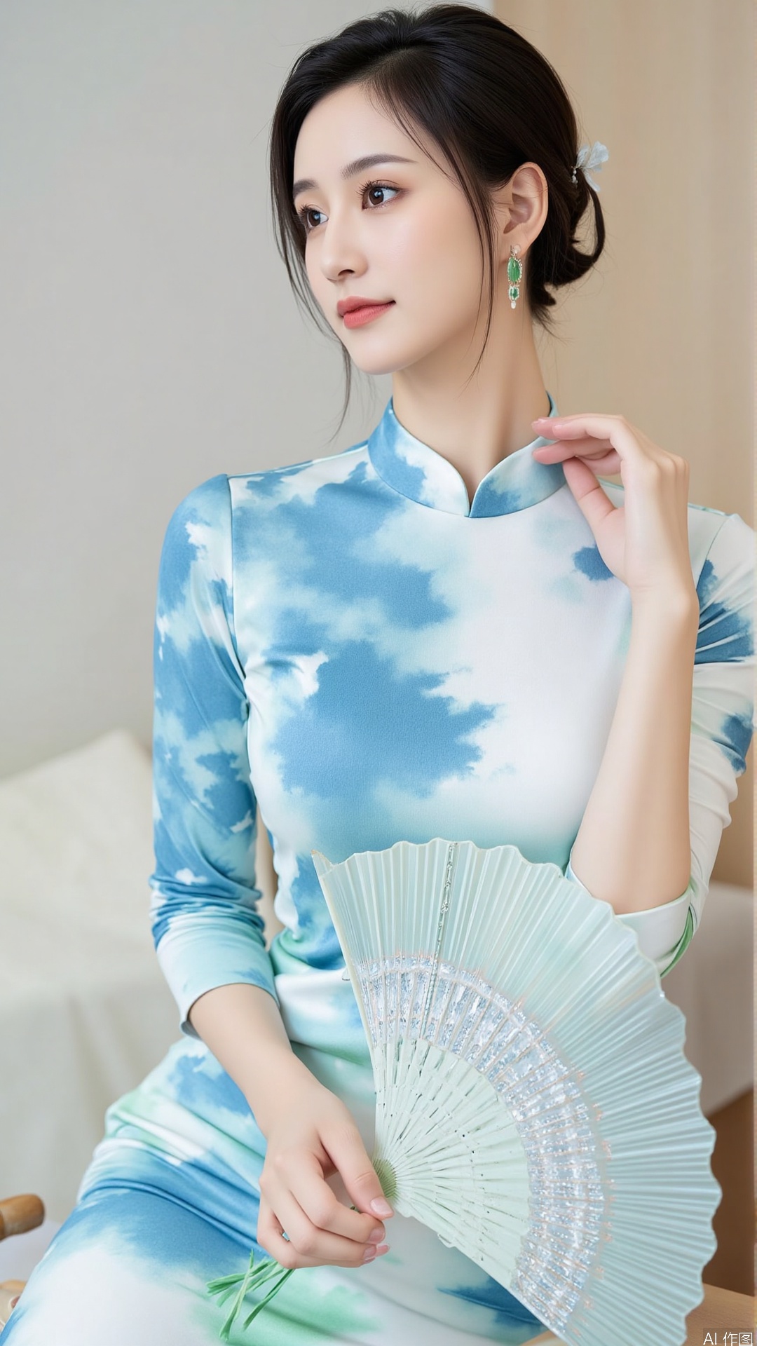 The image shows a young woman sitting on a bed with a white headboard. She is wearing a blue and white dress with a high neckline and long sleeves. The dress has a tie-dye pattern in shades of blue, green, and white. The woman has dark hair styled in a sleek updo and is wearing green earrings. She has a hand fan resting on the bed next to her. The background is a white wall with a wooden paneling. The overall aesthetic of the image is elegant and sophisticated.