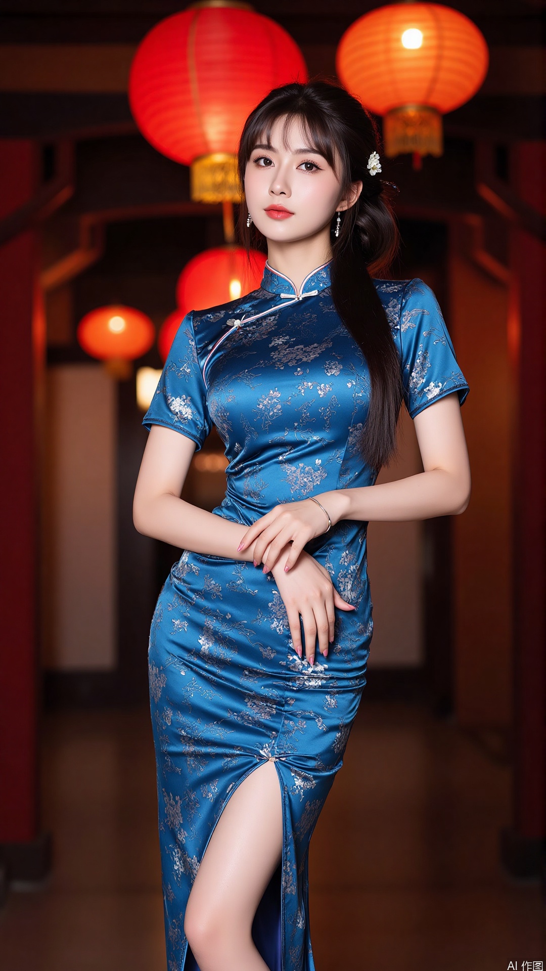 The image is a portrait of a young woman wearing a traditional Chinese dress. The dress is blue with a floral pattern and has a high neckline and short sleeves. The woman is standing in front of a background of red lanterns hanging from the ceiling, creating a festive atmosphere. She has long dark hair styled in a bun with a flower crown on top. She is posing with one hand on her hip and the other resting on her thigh. The overall mood of the image is elegant and traditional.