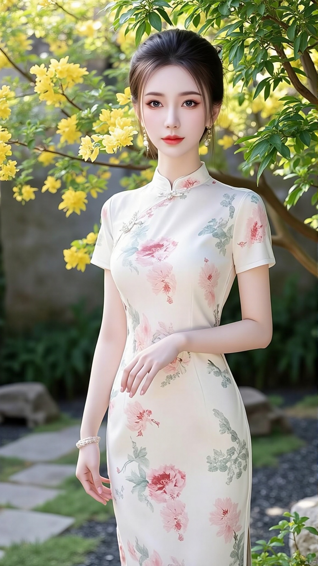 The image shows a young woman wearing a traditional Chinese dress. The dress is long and flowy,  with a high neckline and...