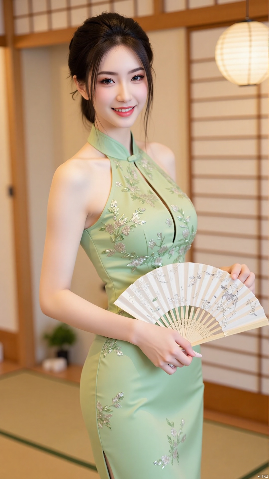 The image shows a young woman standing in a traditional Japanese room. She is wearing a long,  light green dress with intr...