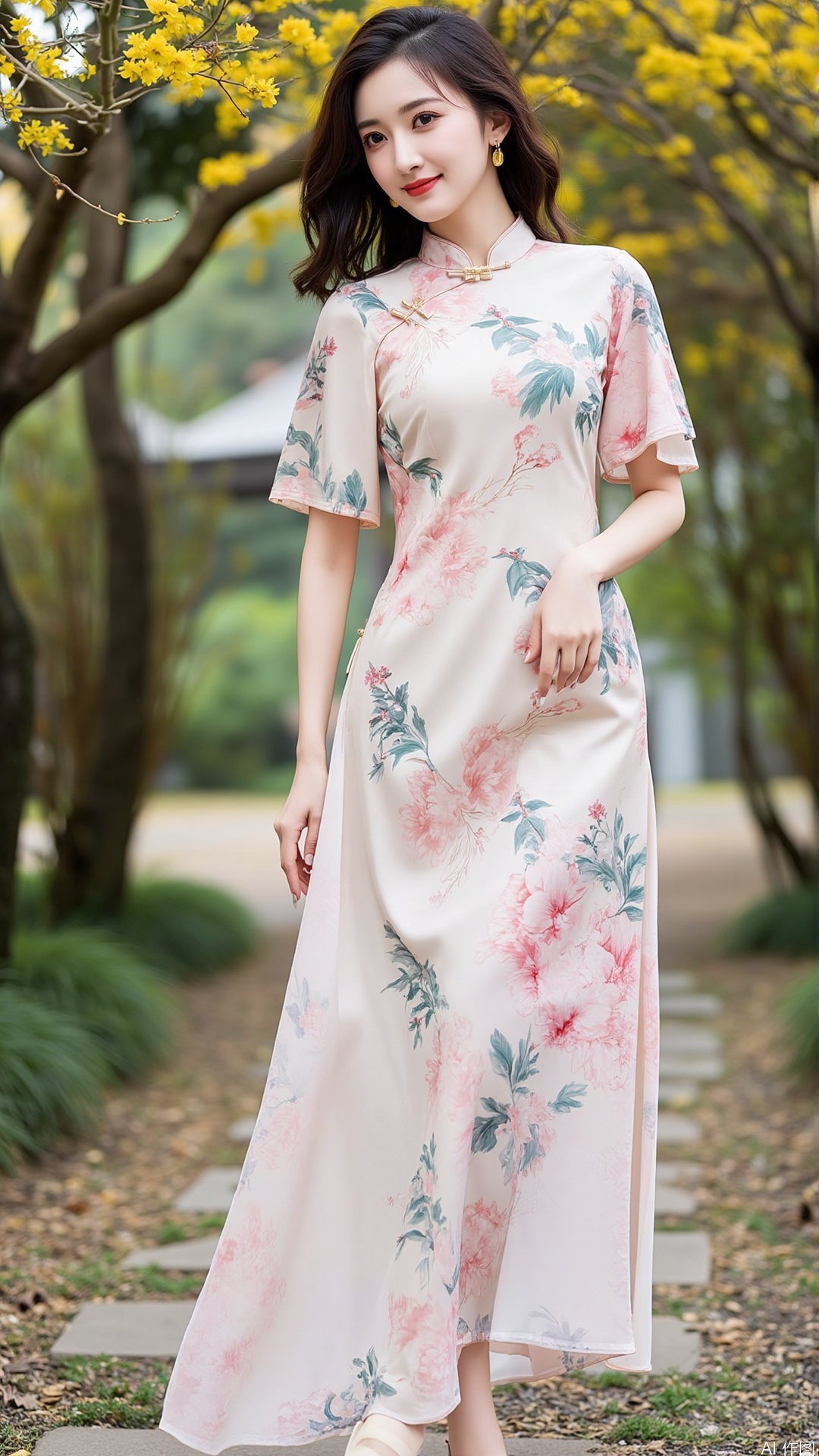 The image shows a young woman wearing a traditional Chinese dress. The dress is long and flowy, with a high neckline and short sleeves. It is made of a light-colored fabric with a floral pattern in shades of pink, red, and green. The woman is standing in a garden with a stone pathway and a tree with yellow flowers in the background. She is wearing a pair of gold earrings and has her hair styled in loose waves. The overall mood of the image is elegant and graceful.