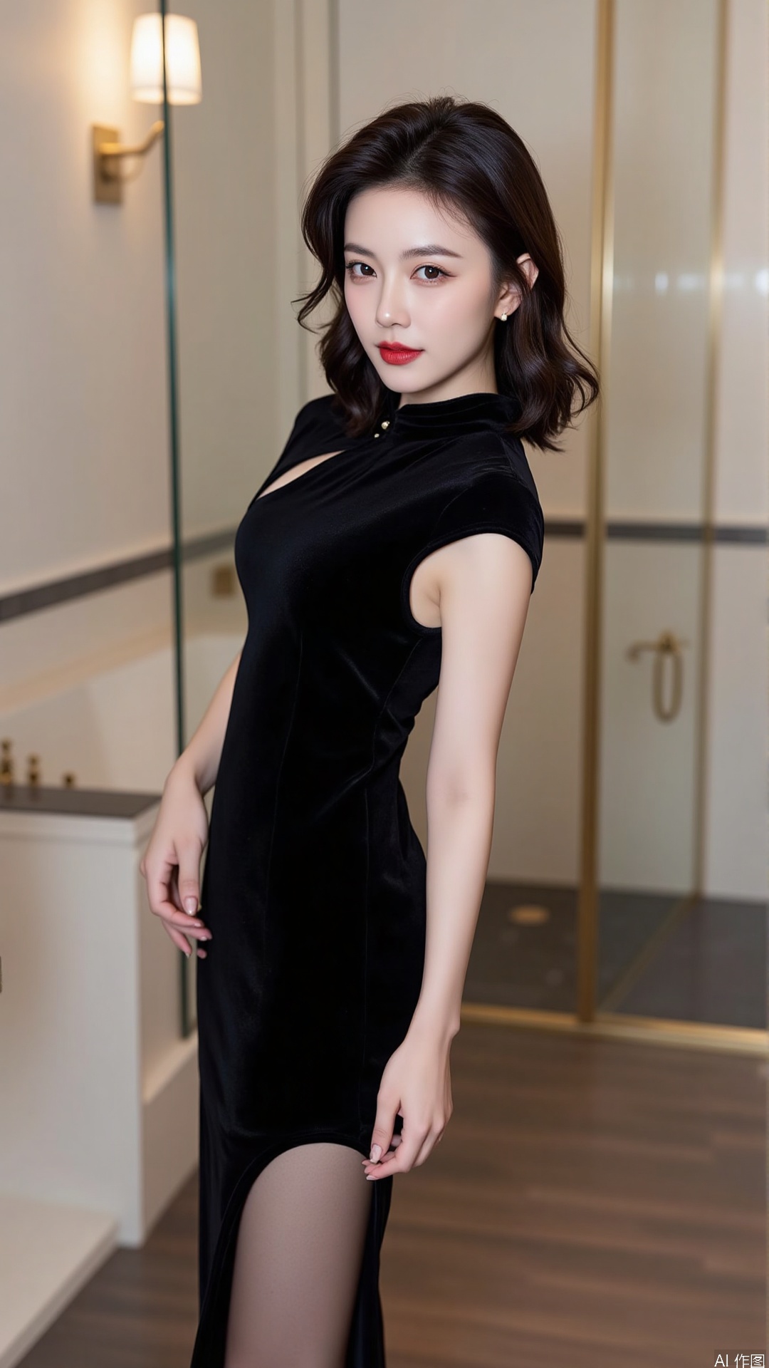 The image shows a young woman standing in a luxurious bathroom. She is wearing a black velvet dress with a high slit on the side. The dress has short sleeves and a high neckline. The woman has shoulder-length dark hair styled in loose waves and is wearing red lipstick. The bathroom has a large bathtub and a walk-in shower with a glass door. The walls are painted white and there is a wooden floor. The overall aesthetic of the bathroom is elegant and sophisticated.