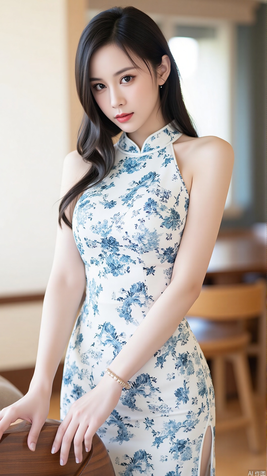 The image shows a young woman posing in a traditional Chinese dress. The dress is white with blue floral patterns and has a high neckline and a slit on the side. The woman is standing in a room with a large window in the background, through which we can see a dining table and chairs. She has long dark hair styled in loose waves and is looking directly at the camera with a serious expression. The overall mood of the image is elegant and sophisticated.