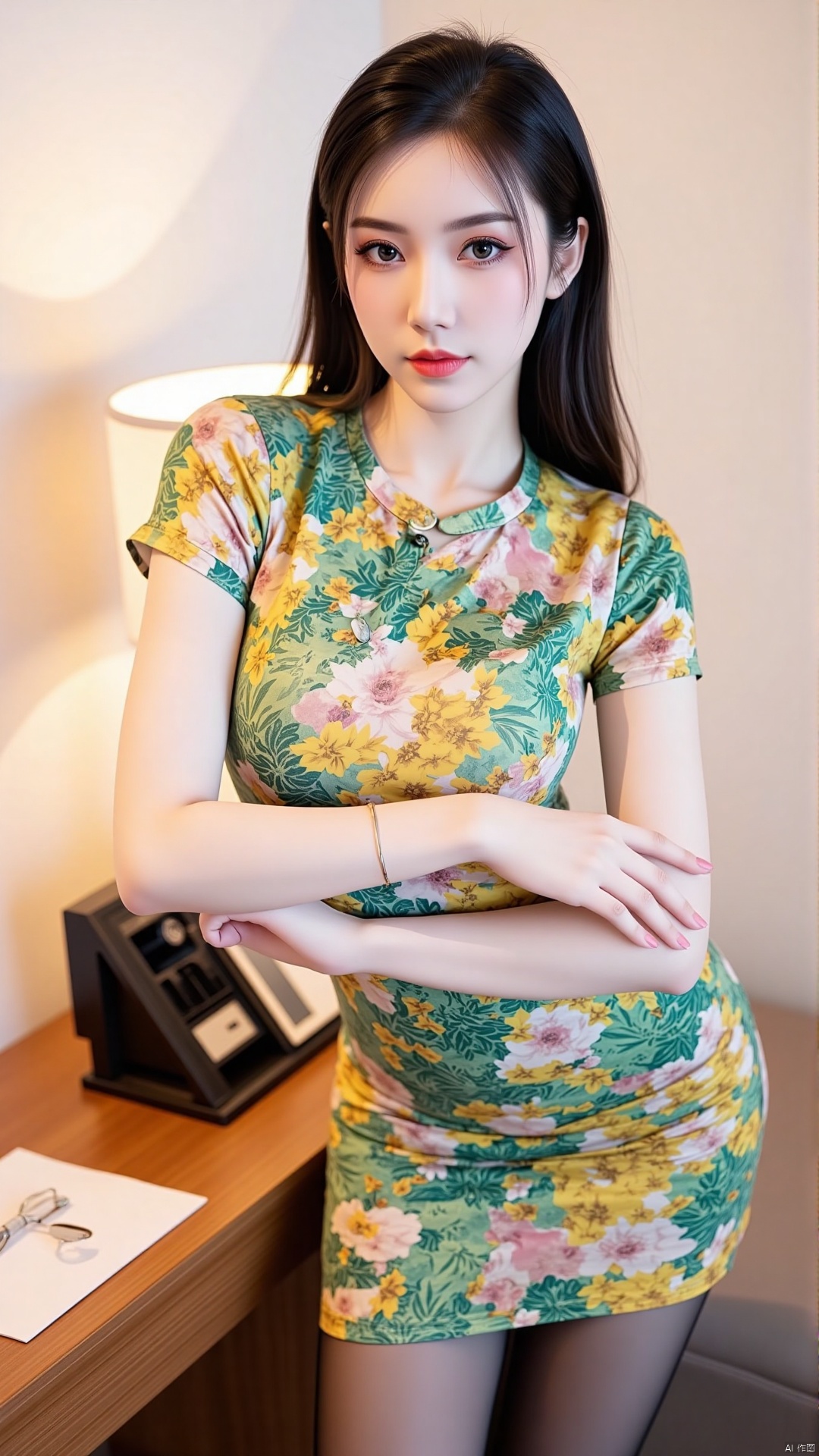 The image is a portrait of a young woman posing in a hotel room. She is standing in front of a white wall with a wooden de...