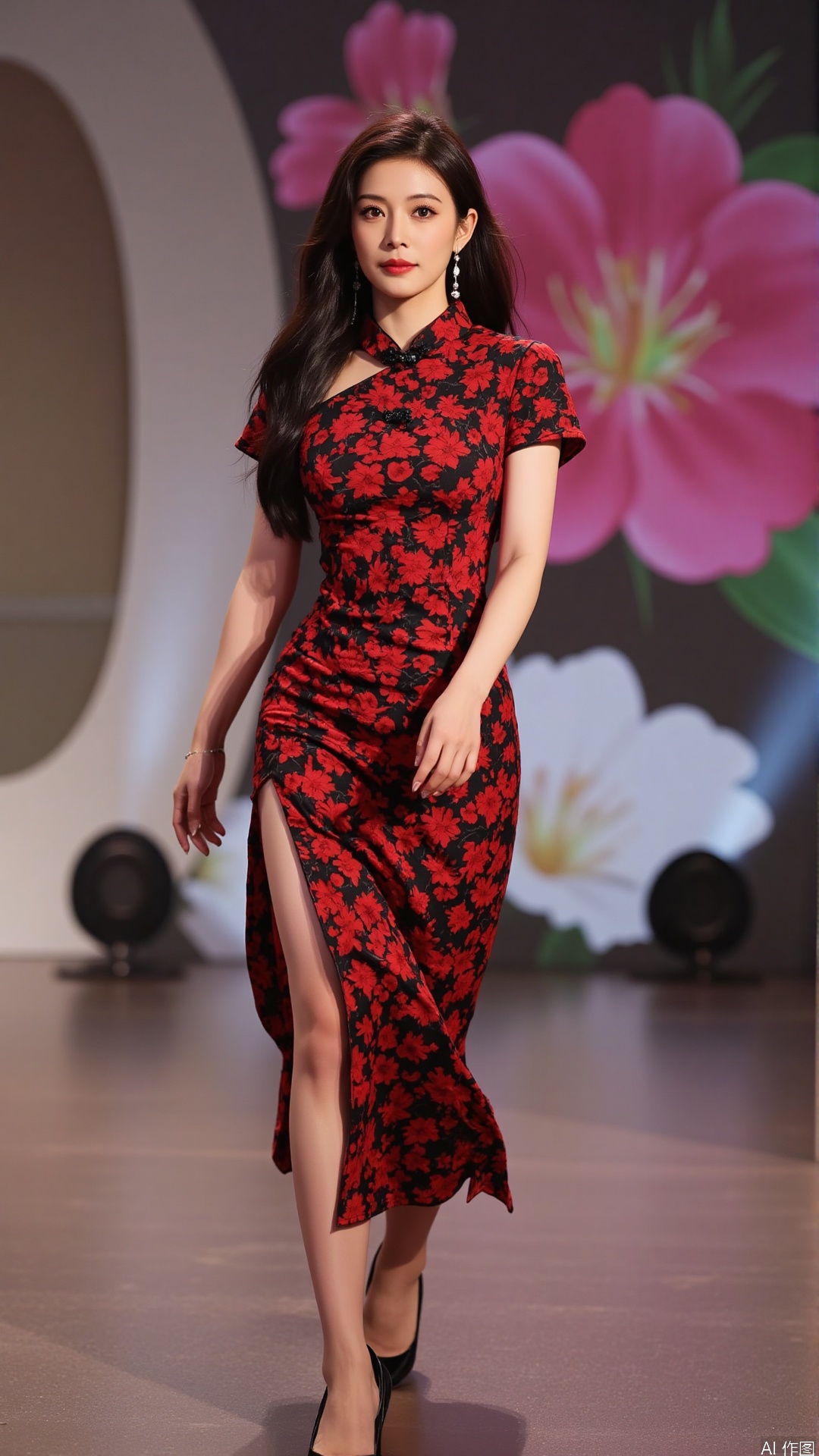The image shows a young woman walking on a stage. She is wearing a red and black floral dress with short sleeves and a high slit on the side. The dress has a high neckline and short sleeves, and she is wearing black high heels. The woman has long dark hair styled in a sleek updo and is wearing minimal makeup. The background of the stage is decorated with large pink and green flowers and a large number 4. The overall mood of the image is elegant and sophisticated.
