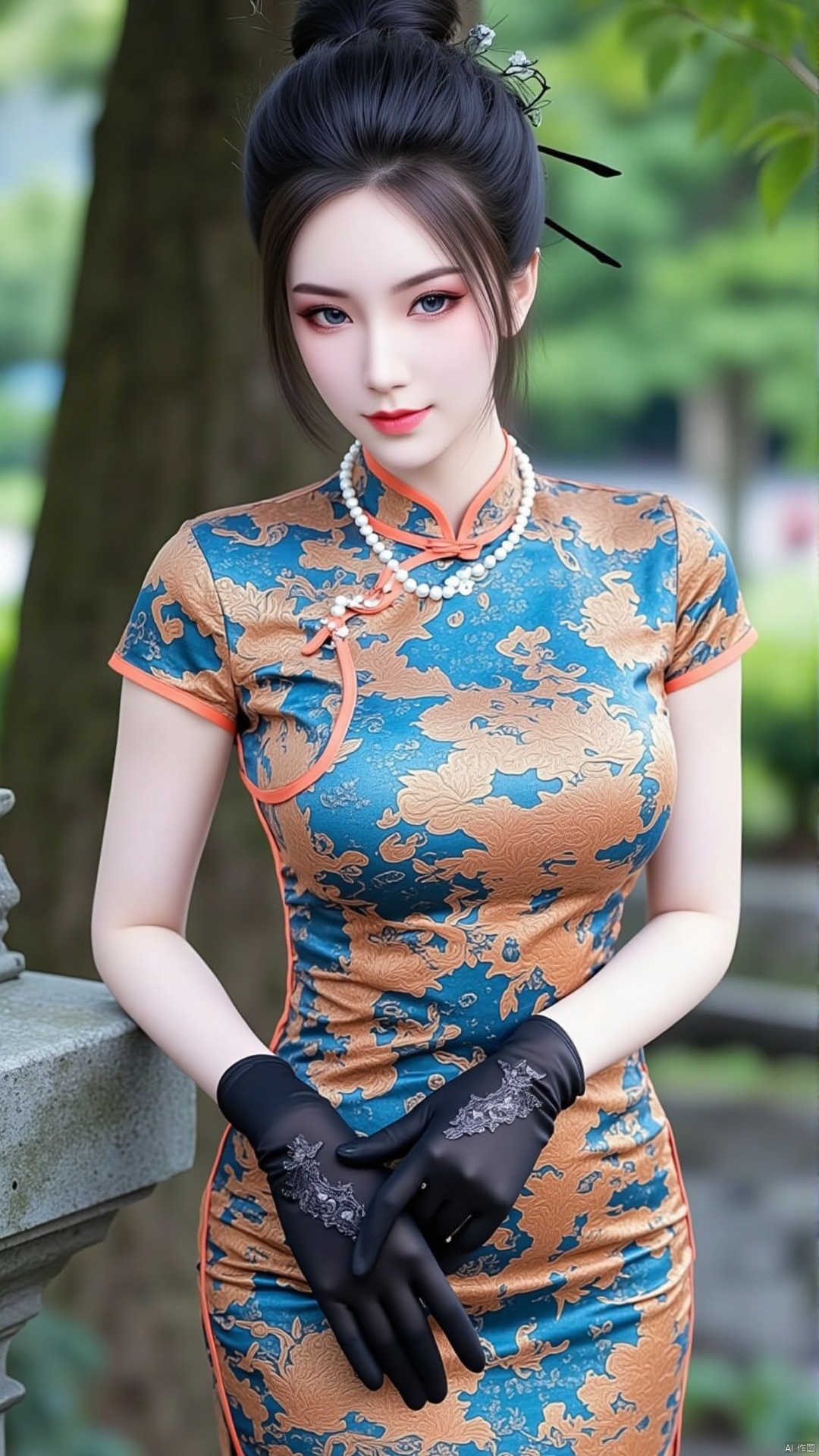 The image is a portrait of a young woman posing on a balcony. She is wearing a traditional Chinese dress with a blue and o...